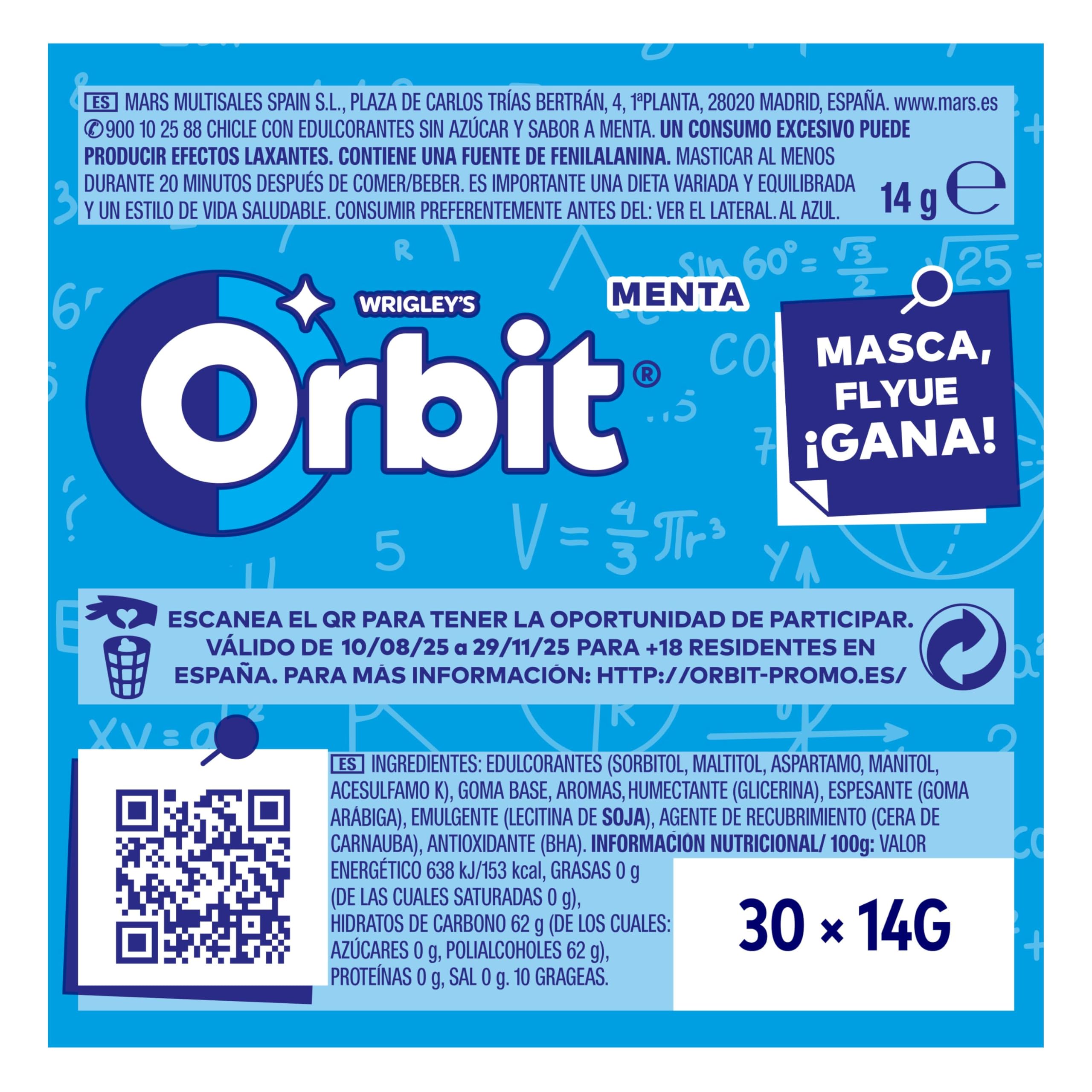 Orbit Chicles Sin Azúcar Sabor, Fresco, Intenso Y De Larga Duración En Formato Gragea ( Paquetes X 10 Chicles), Menta, 30 Unidades