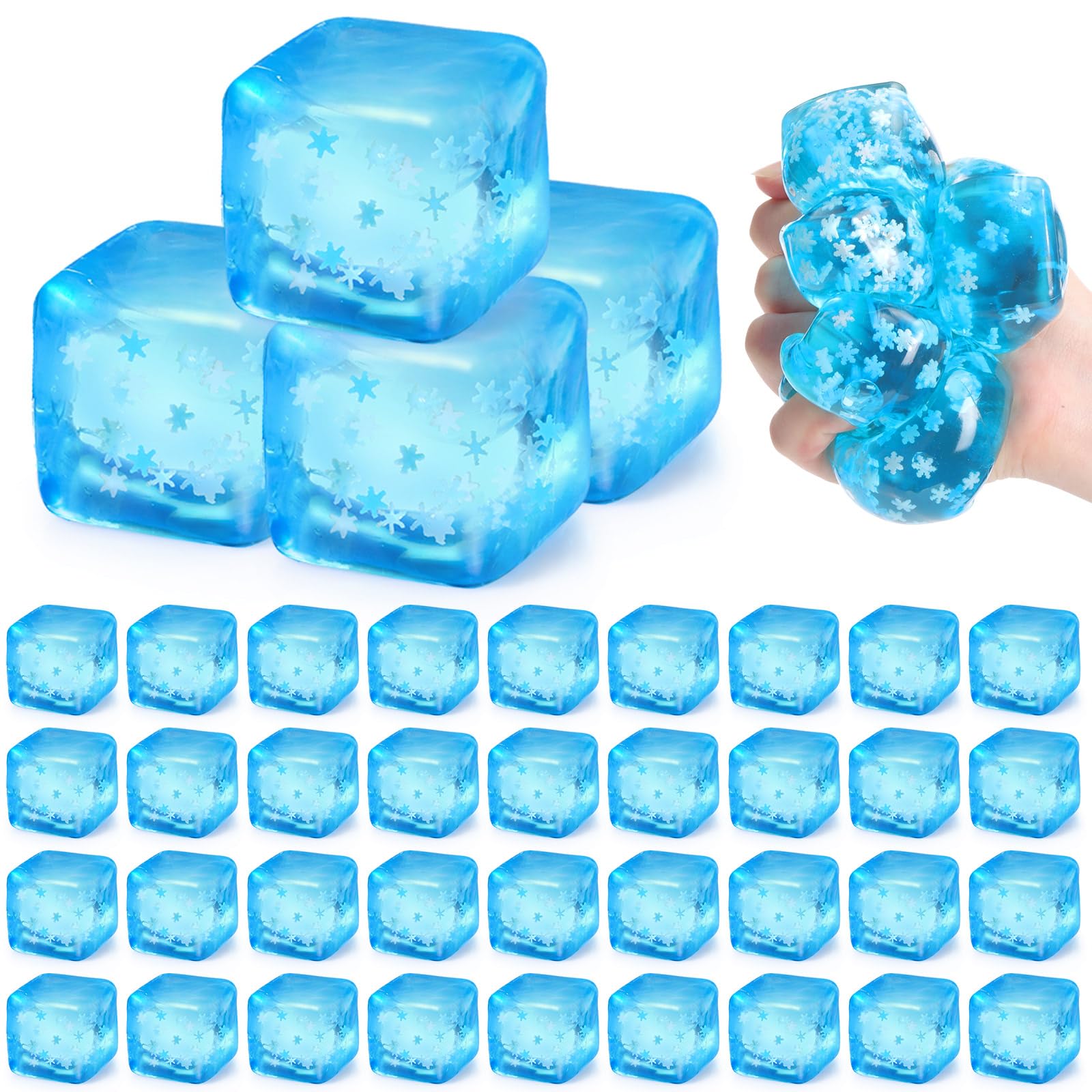 Blueweenly 36 Pcs Blue Ice Cube Stress Ball with Snowflakes 1.18" | Square Squeeze Ball Sensory Fidget Bulk, Slow Rising Ice Cube Halloween Birthday Gifts, Anxiety Relief Party Favors