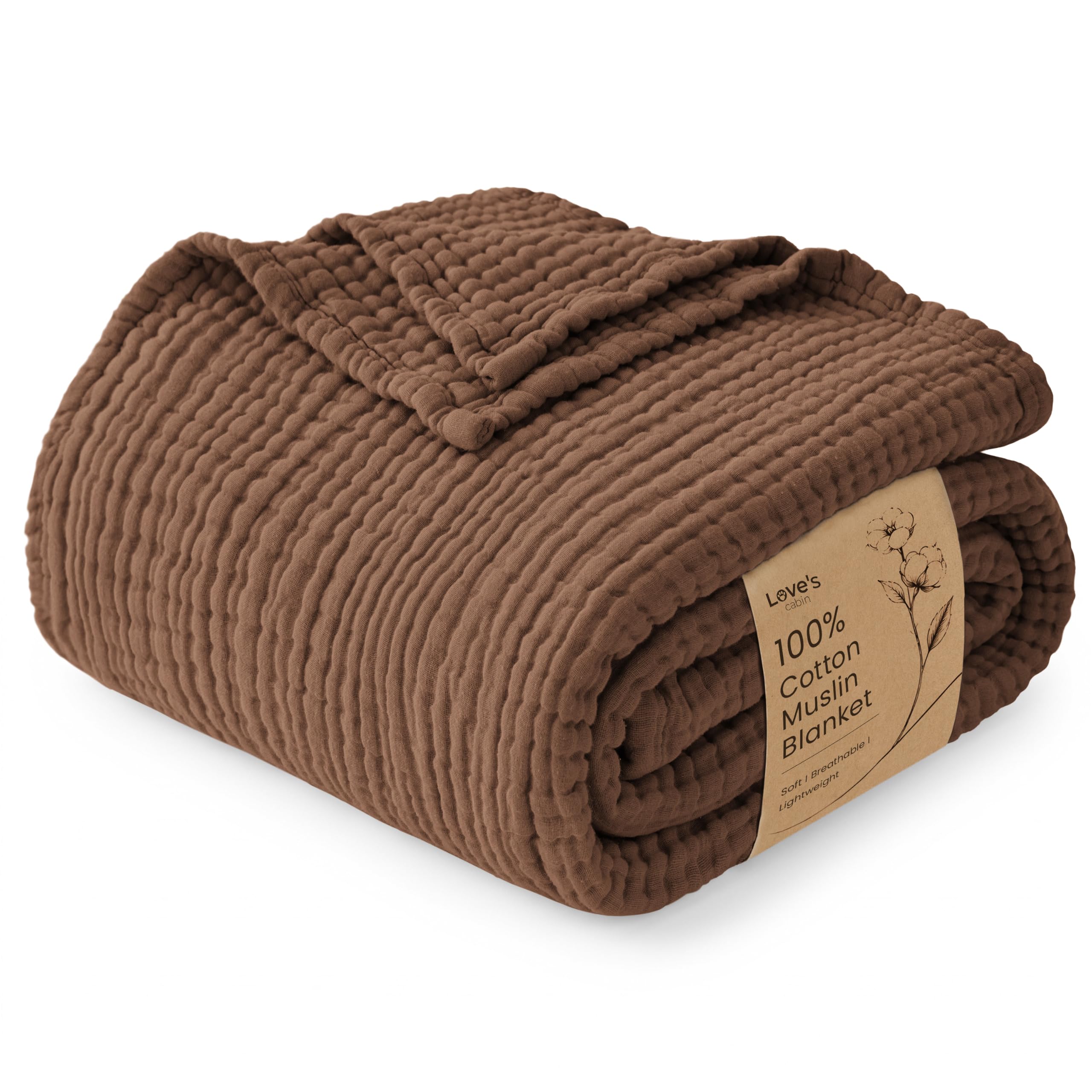 Love's cabin 100% Cotton Muslin Blanket Throw for Couch, Brown