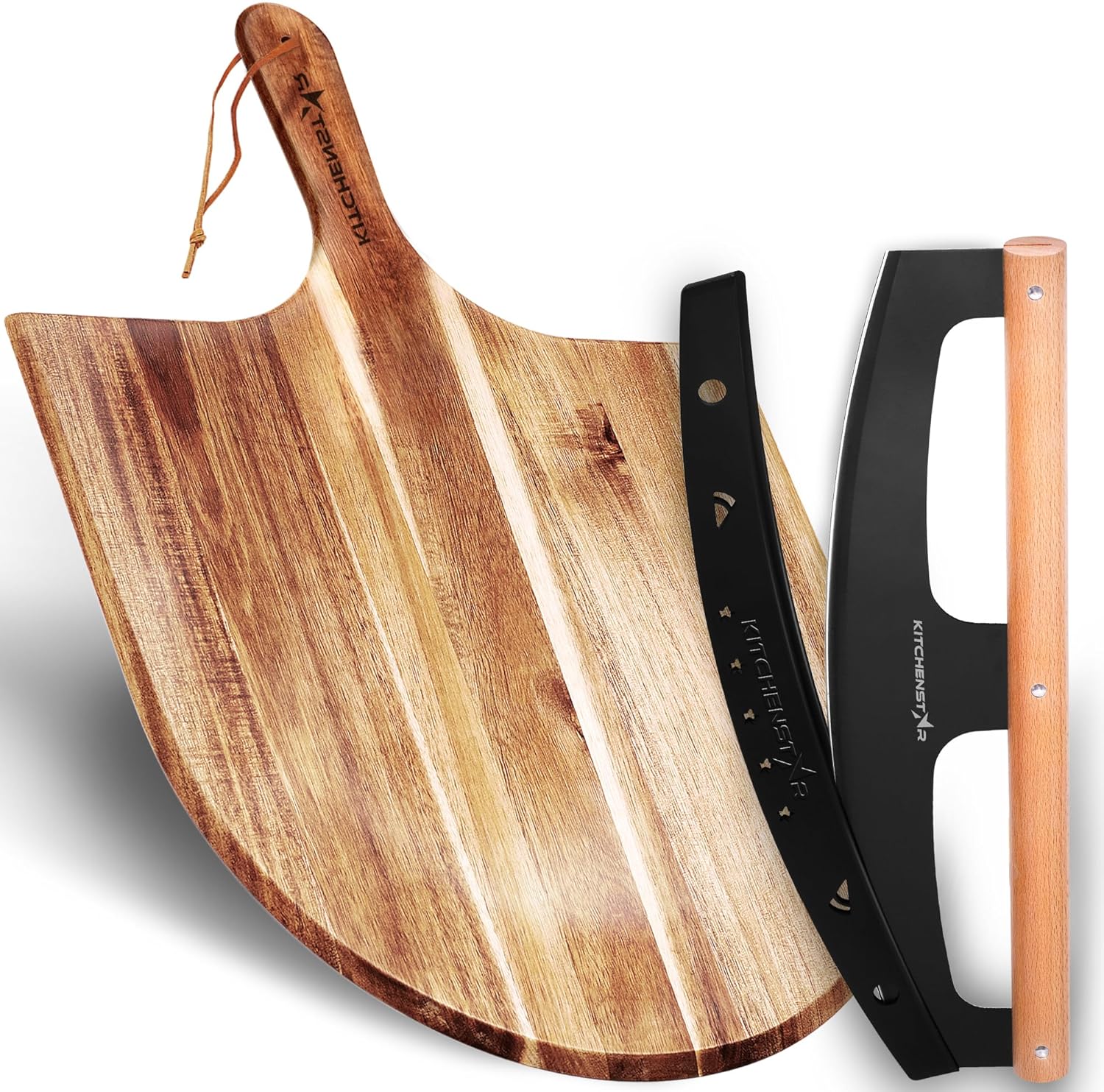 KitchenStar Pizza Cutter Rocker Blade 16" Black + Wooden Pizza Peel 16" - Pizza Making Bundle