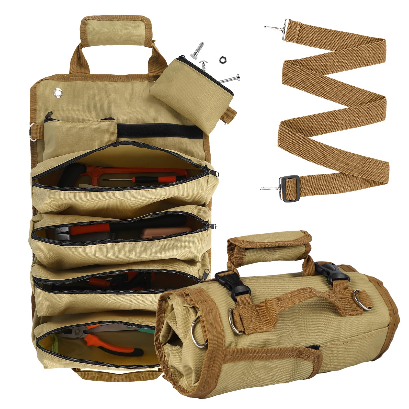 Tool Organizer Bag, Foldable Roll Up Heavy Duty Bag Organizer, Mechanic Carrying Toolbag with 2 Detachable Pouches, Gifts for Dad Men Birthday Father Day (Cyan)