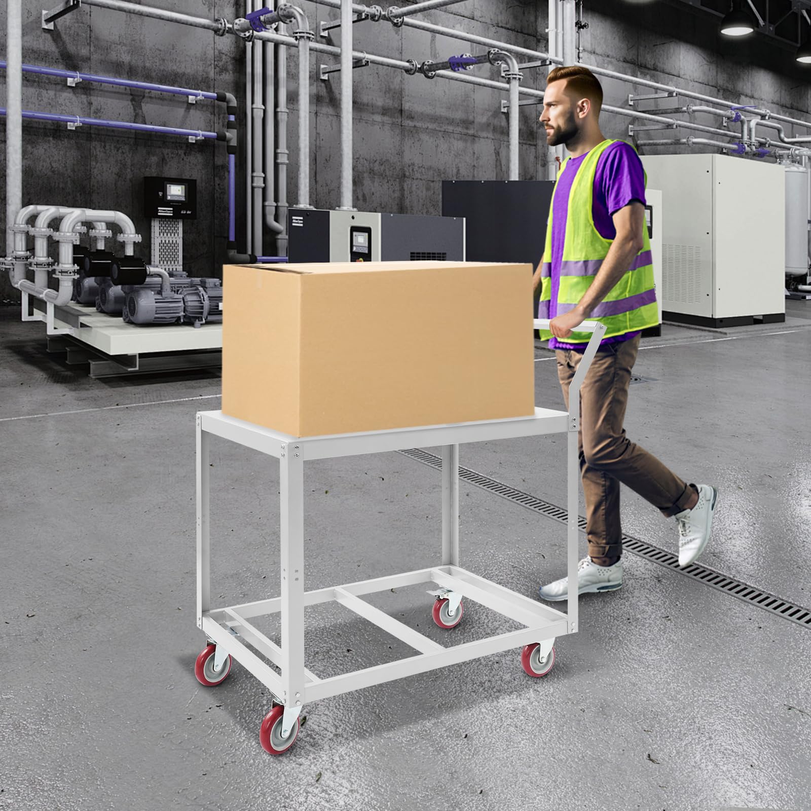 Carro de mesa de transporte, carro de taller vacío con 2 niveles, carro de plataforma con asa, carro de mano para talleres, hoteles, carga máxima: 158,76 kg, 89,92 x 59,94 x 106,43 cm, 2 ruedas