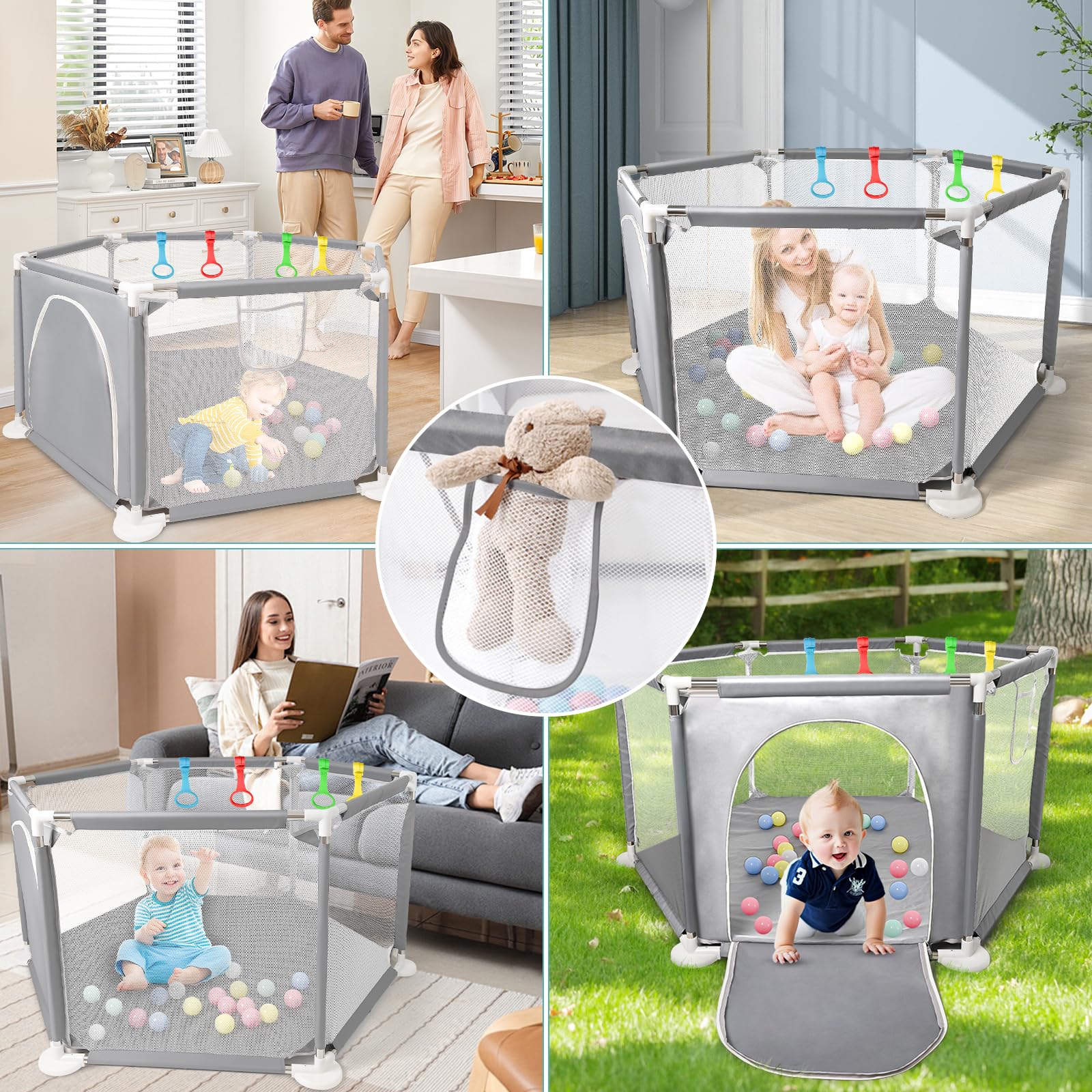 CHOLY Baby Laufstall für Babys und Kleinkinder, stabiler sechseckiger Laufstall mit atmungsaktivem Netz, Aktivitätszaun für Kinder für drinnen und draußen mit Reisetasche (Hellgrau)