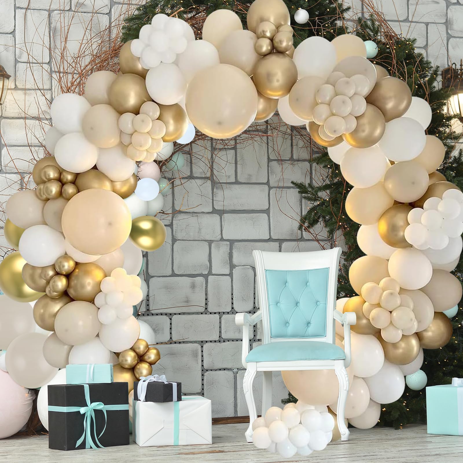 White Sand and Gold Balloons, 185 Pieces Garland Arch Set, Beige Balloons for Birthday, Baby Shower Decoration, Baby Party, Wedding, Birthday Decoration for Women
