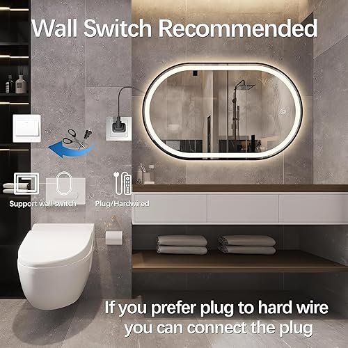 Miniatura 53 de Espejo de baño LED ovalado de 32 x 20 pulgadas con luces, espejo de tocador negro con luz antiniebla montado en la pared, espejo ovalado LED