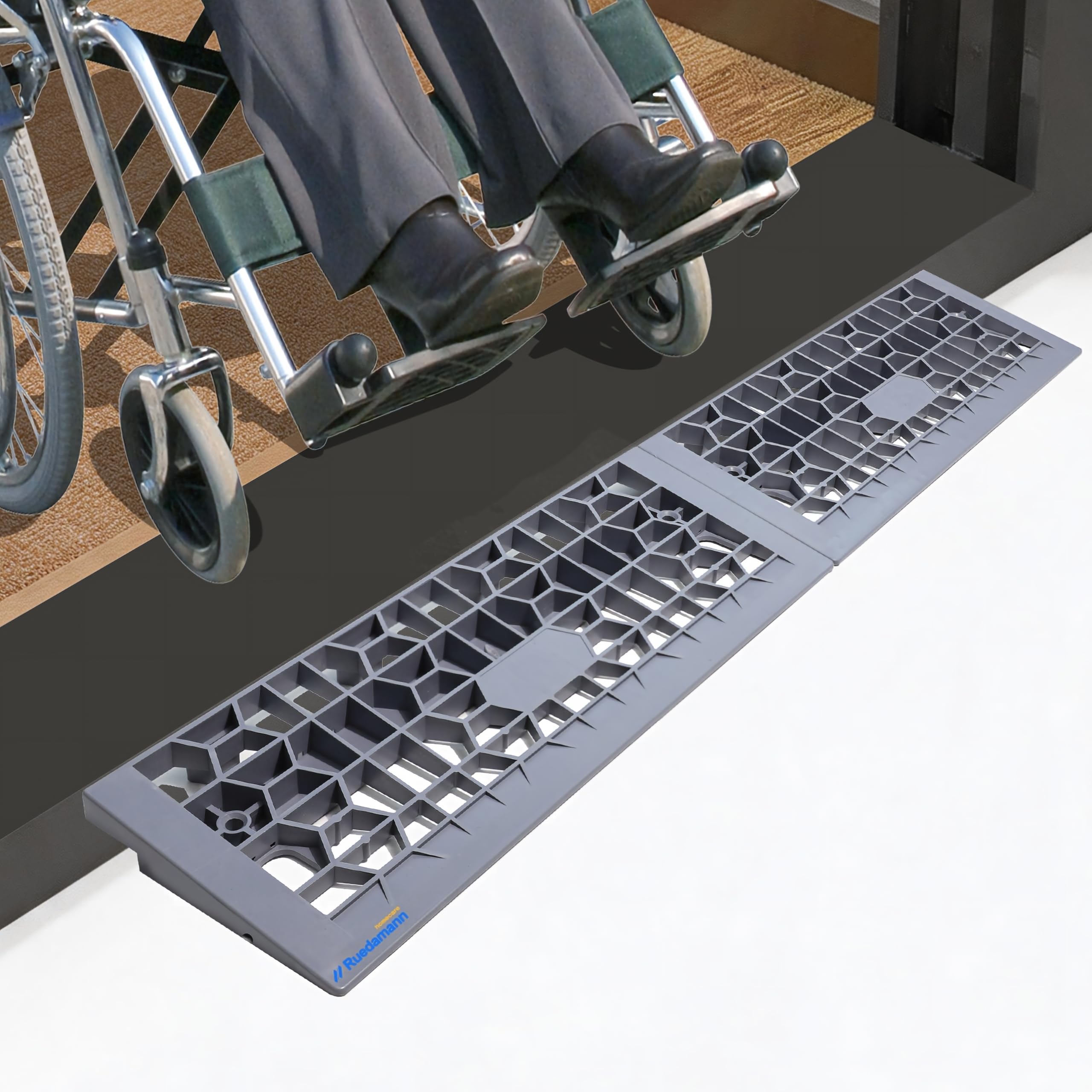 Ruedamann 1" Rise Modular Threshold Ramps for Doorways, 3000 lbs Capacity | 2 PCS Odor-Free Plastic Portable Wheelchair Ramp for Door Thresholds, Ramps for Wheelchairs for Home, Mobility Scooters, Cars-image-2