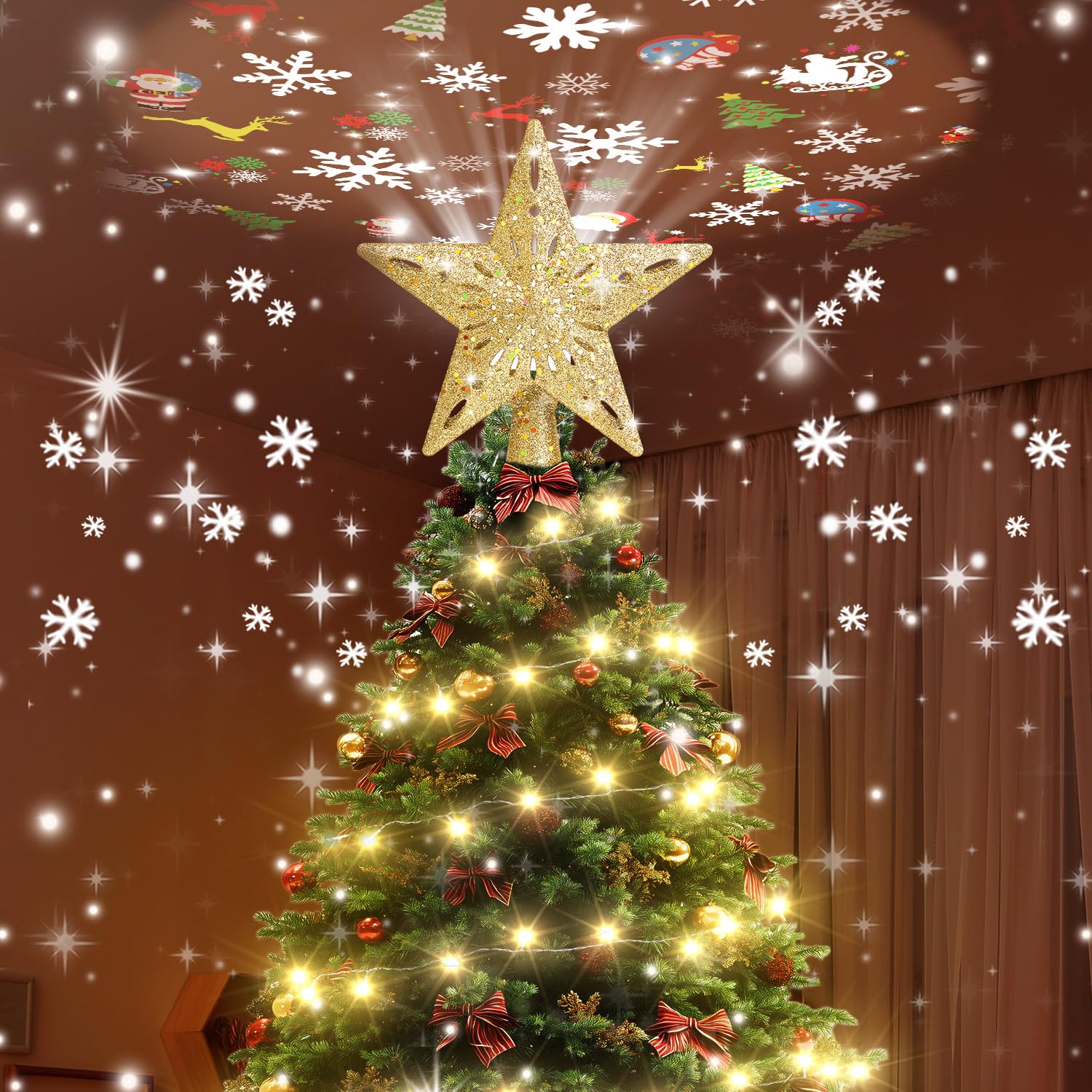 Cimier de sapin de Noël éclairé avec guirlande lumineuse chaude de 10 m - Décoration de sapin de Noël avec projecteur rotatif 3D - Pour intérieur ou extérieur - Pour fête de Noël - Doré