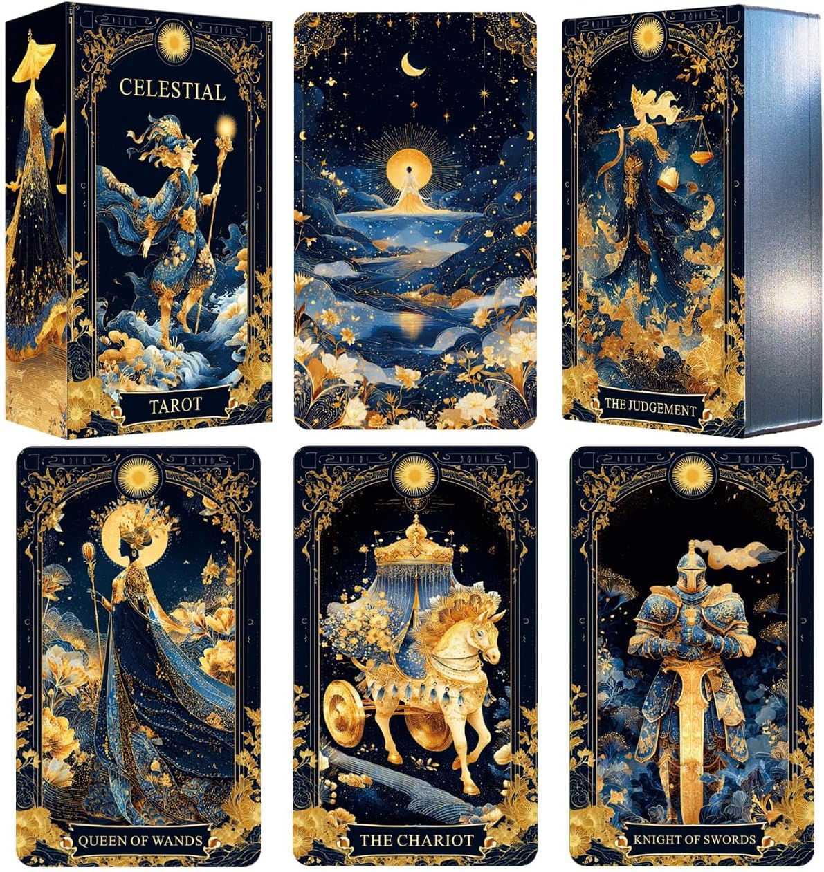 Celestial Tarot Deck, Unique Tarot Cards for Beginners with Blue Gold Edge, Divination and Spiritual Divination Tool