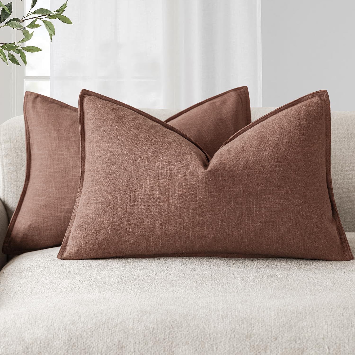 Foindtower Pack of 2, Decorative Linen Soild Throw Pillow Covers Soft Accent Lumbar Cushion Case Boho Farmhouse Pillowcase for Chair Couch Sofa Bedroom Living Room Home Decor 12 x 20 Inch Rust Red — image 1