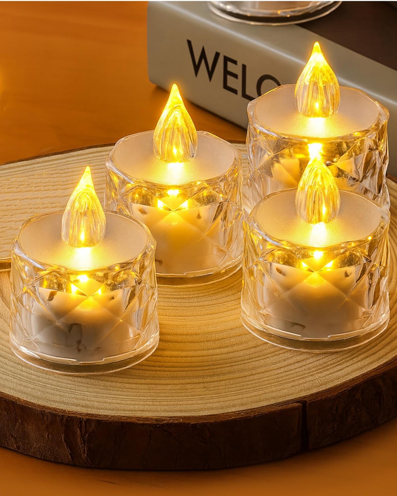 Homesake Crystal Tealight Candle Diya, Flameless Flickering LED Lights for Pooja and Decor