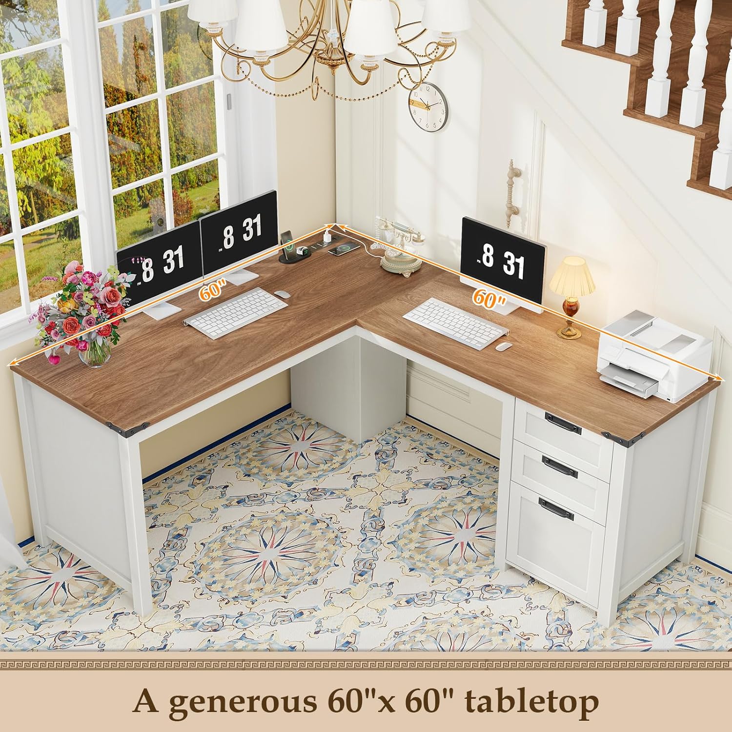 Vabches Farmhouse L Shaped Executive Desk, Corner Computer Desk with Drawers and Storage Shelf L-Shaped Standing Executive Desks with Power Outlets for Home Office, Study, Bedroom (White and Brown)