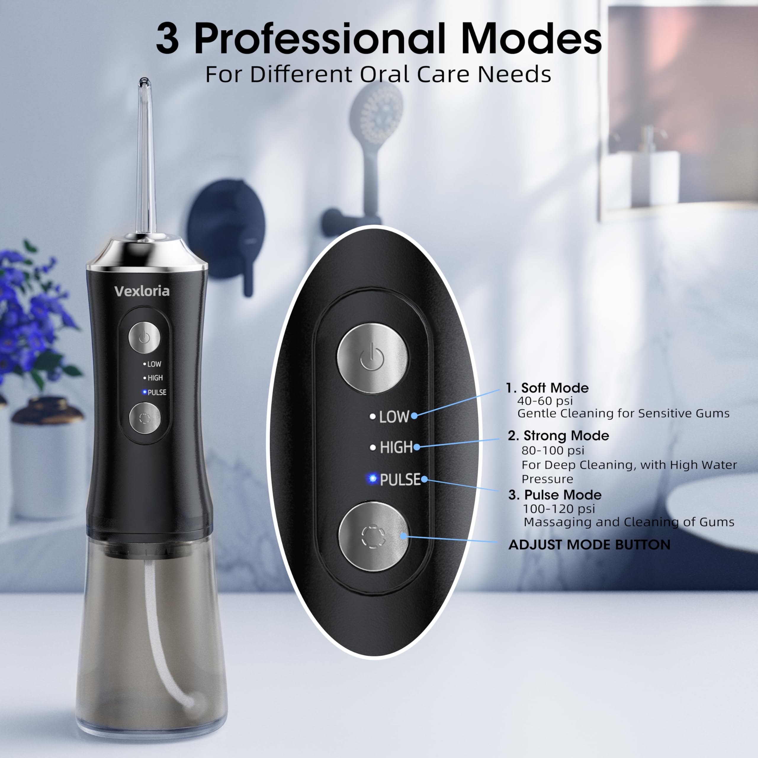 Vexloria Jet Dentaire Hydropulseur Portable 300 ML Water Flosser, Hydropulseur Dentaire Avec 3 Modes de Pression d'eau et 4 Embouts Remplaçables, Irrigateur Dentaire USB Rechargeable, noir clair