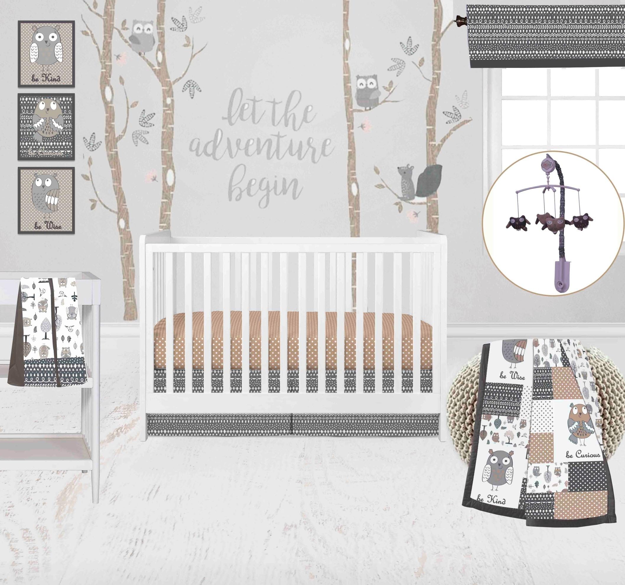 Bacati - Owls in The Woods Beige/Gray 10 pc Crib Bedding Set with 2 Crib Fitted Sheets