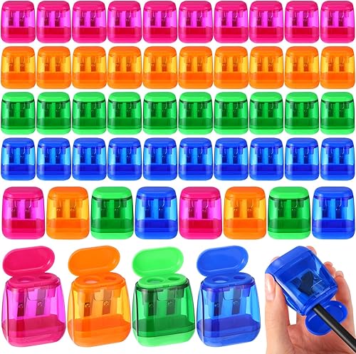 48 sacapuntas Chivertion a granel para la oficina escolar, sacapuntas manuales de doble agujero para niños, sacapuntas compactos de colores surtidos