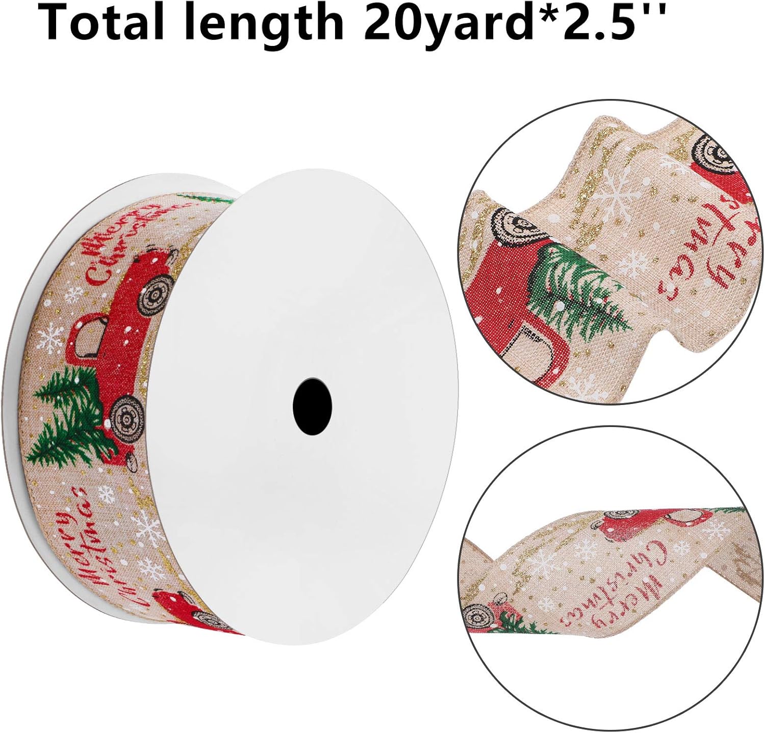 Syhood Red Truck Christmas Burlap Ribbon Wired, Vintage Red Truck with Christmas Tree Burlap Ribbon for DIY Wreaths Gift Wrapping Crafts Decoration(20 Yards,Cute Style)