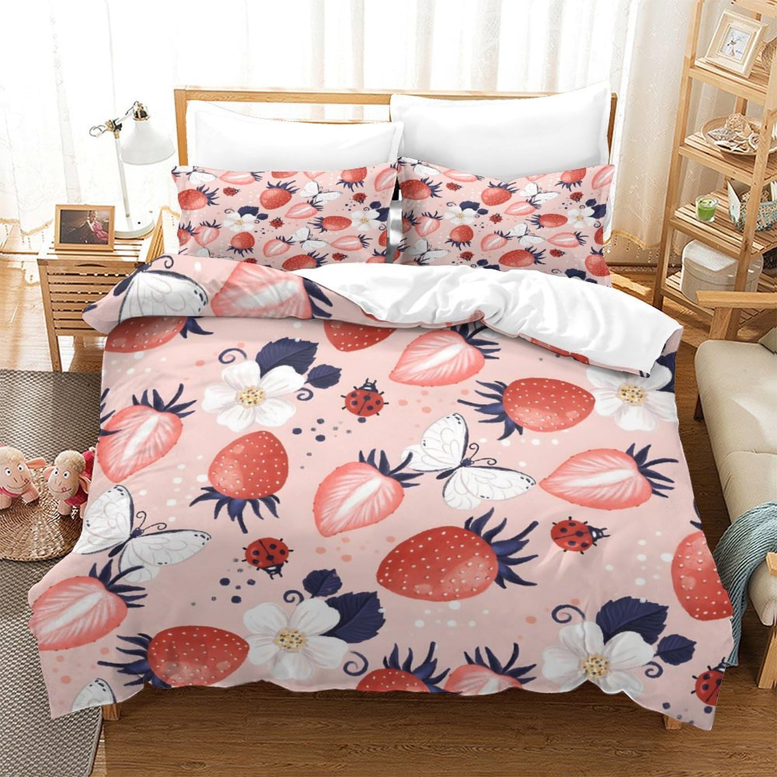 Strawberries Butterflies Pattern Bedding Set for Kids Boys Girls Full Size 3D Comforter Set 3Pcs All Season Quilt Set with Zipper Closure Ultra Soft Room Decor, Easy Care Durable Super King（260x220cm）