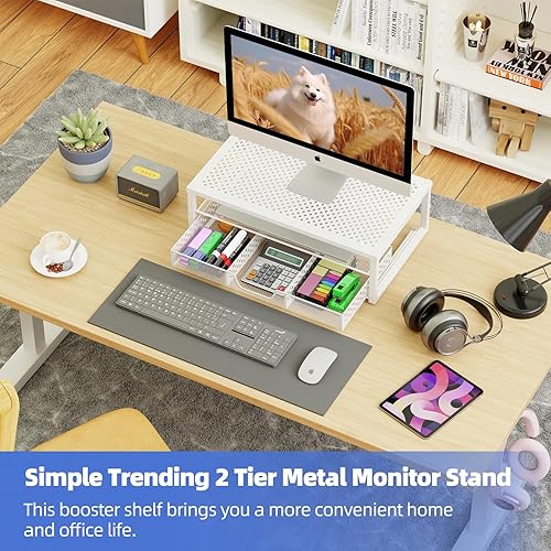 Miniatura 2 de Simple Trending Soporte elevador de monitor de metal y organizador de escritorio para computadora con cajón para laptop, computadora, iMac, blanco