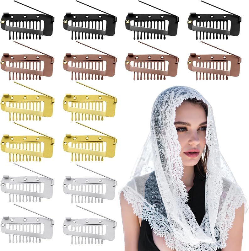 16 PCS Chunni Clips with Safety Pins, Dupatta Clip 10-Teeth Hair Extension Snap Invisible Wig Combs No Sew, Strong Chunni Grip Dupatta Setting Clips for Woman Veil Hair Extensions, 4 Color