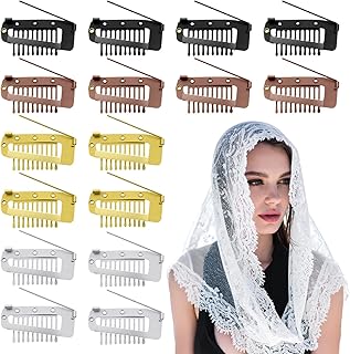 16 PCS Chunni Clips with Safety Pins, Dupatta Clip 10-Teeth Hair Extension Snap Invisible Wig Combs No Sew, Strong Chunni Grip Dupatta Setting Clips for Woman Veil Hair Extensions, 4 Color