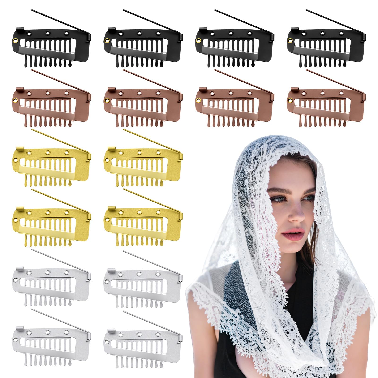 16 PCS Chunni Clips with Safety Pins, Dupatta Clip 10-Teeth Hair Extension Snap Invisible Wig Combs No Sew, Strong Chunni Grip Dupatta Setting Clips for Woman Veil Hair Extensions, 4 Color