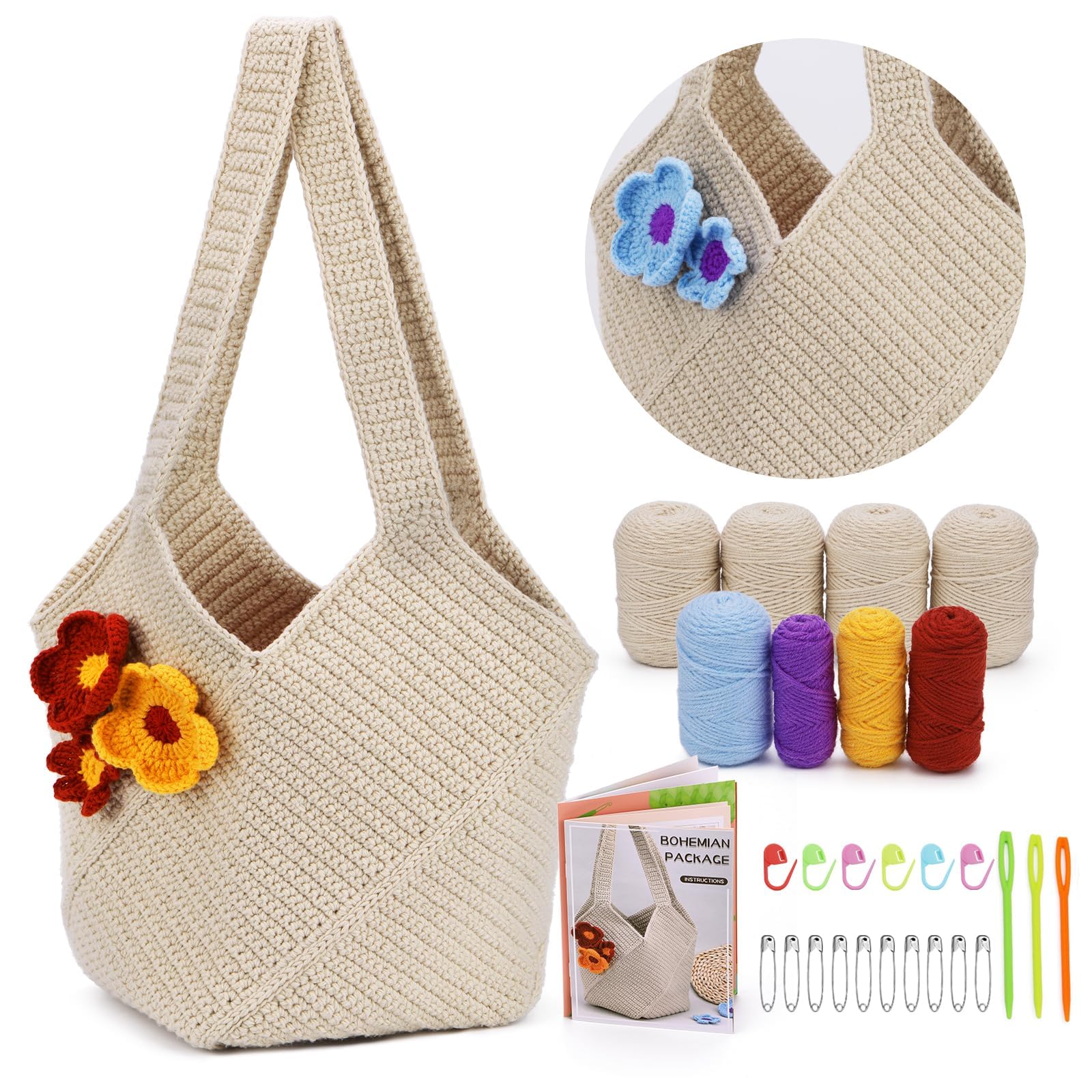 Excefore Beginners Crochet Kit, Shoulder Bag Crochet Kit for Beginners Adult, Crochet Starter Kit with Step-by-Step Video Tutorials, Crochet Yarn, Crochet Hook for Crafting Gift, Beige