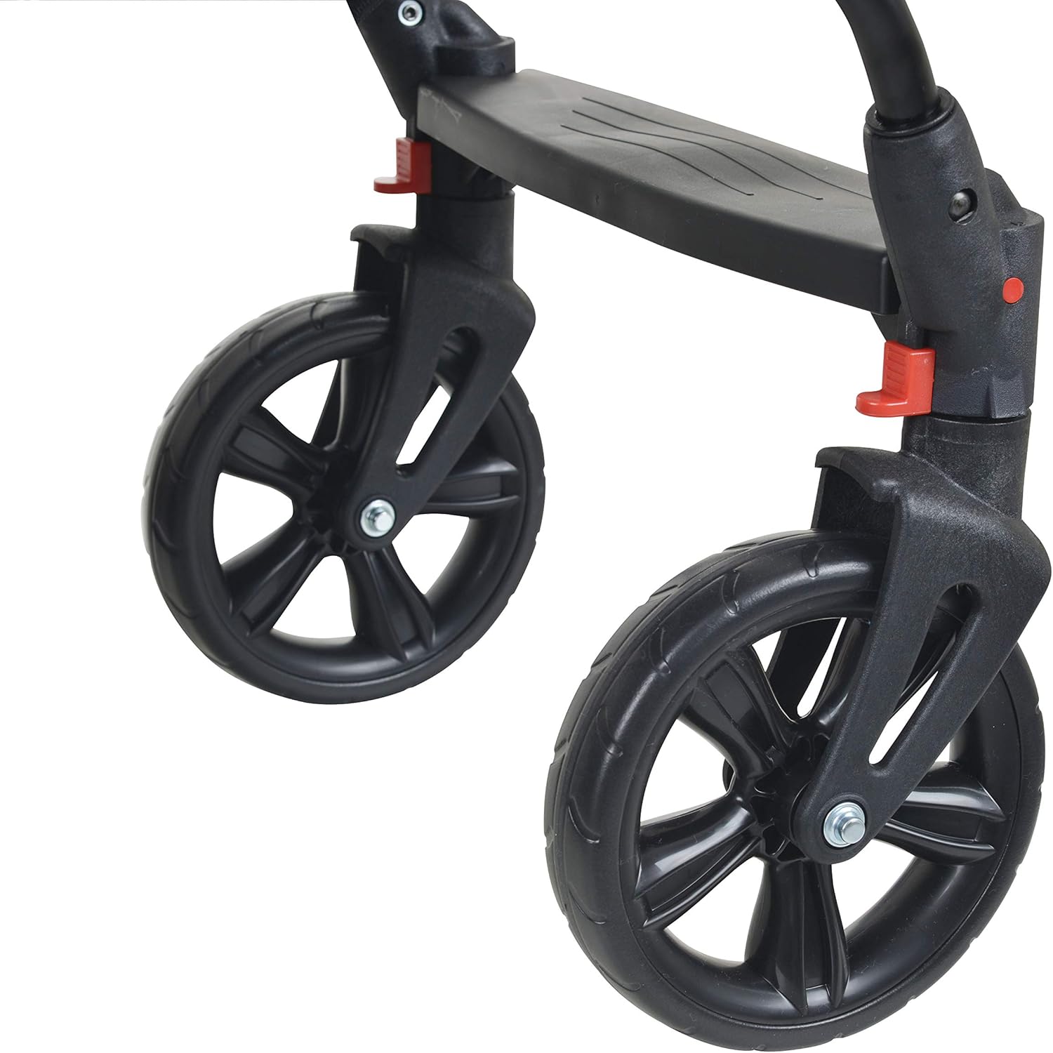 Carrinho de bebê visto de lado com fundo neutro, sem elementos visuais que distraiam a atenção do produto.