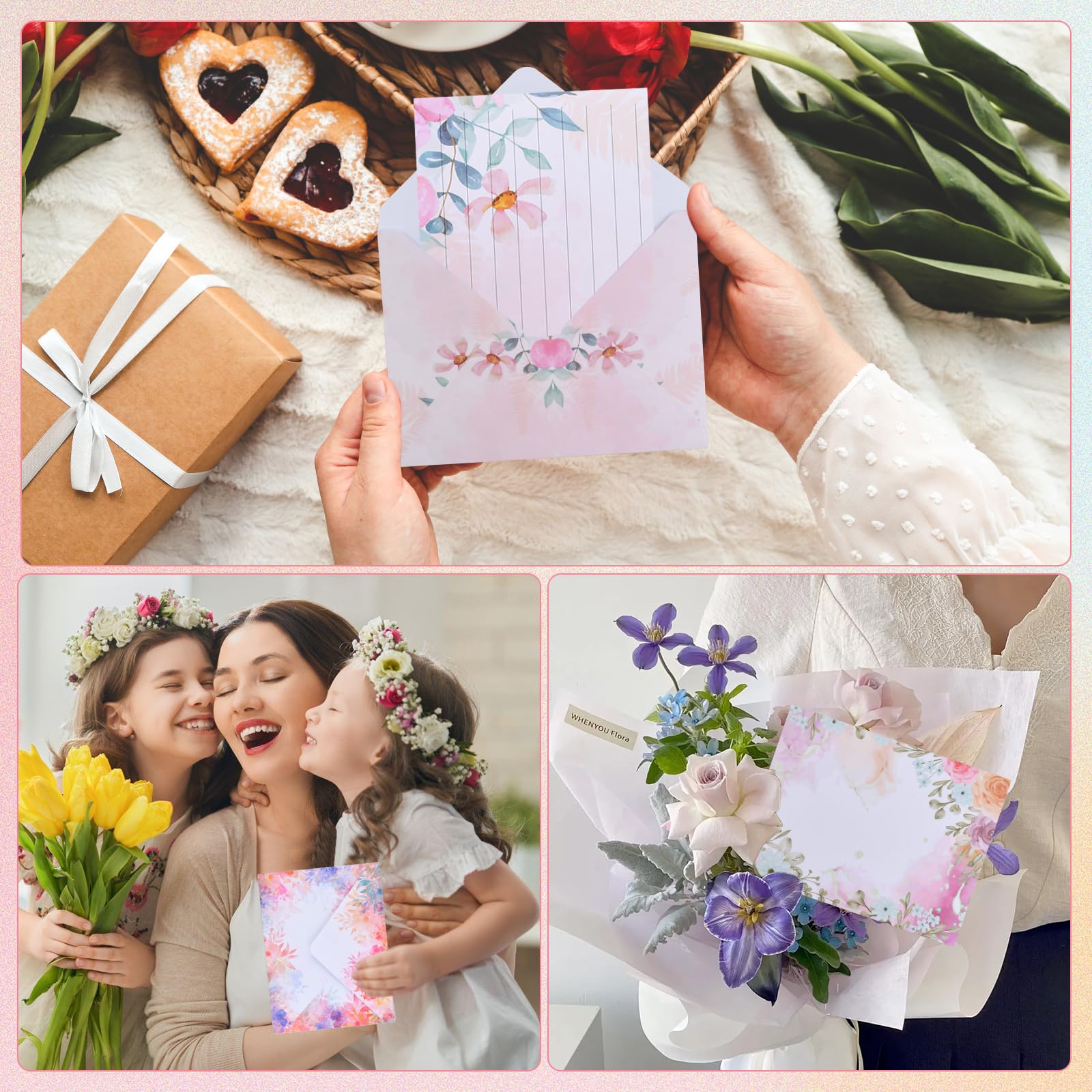 Zestaw papeterii listowych z kopertą, kolorowe, eleganckie etui na kwiaty, papier listowy, zestaw do piśmiennictwa (10 stylów), 50 A5 w linie i 50 kopert, 60 naklejek, koperty, papier do pisania