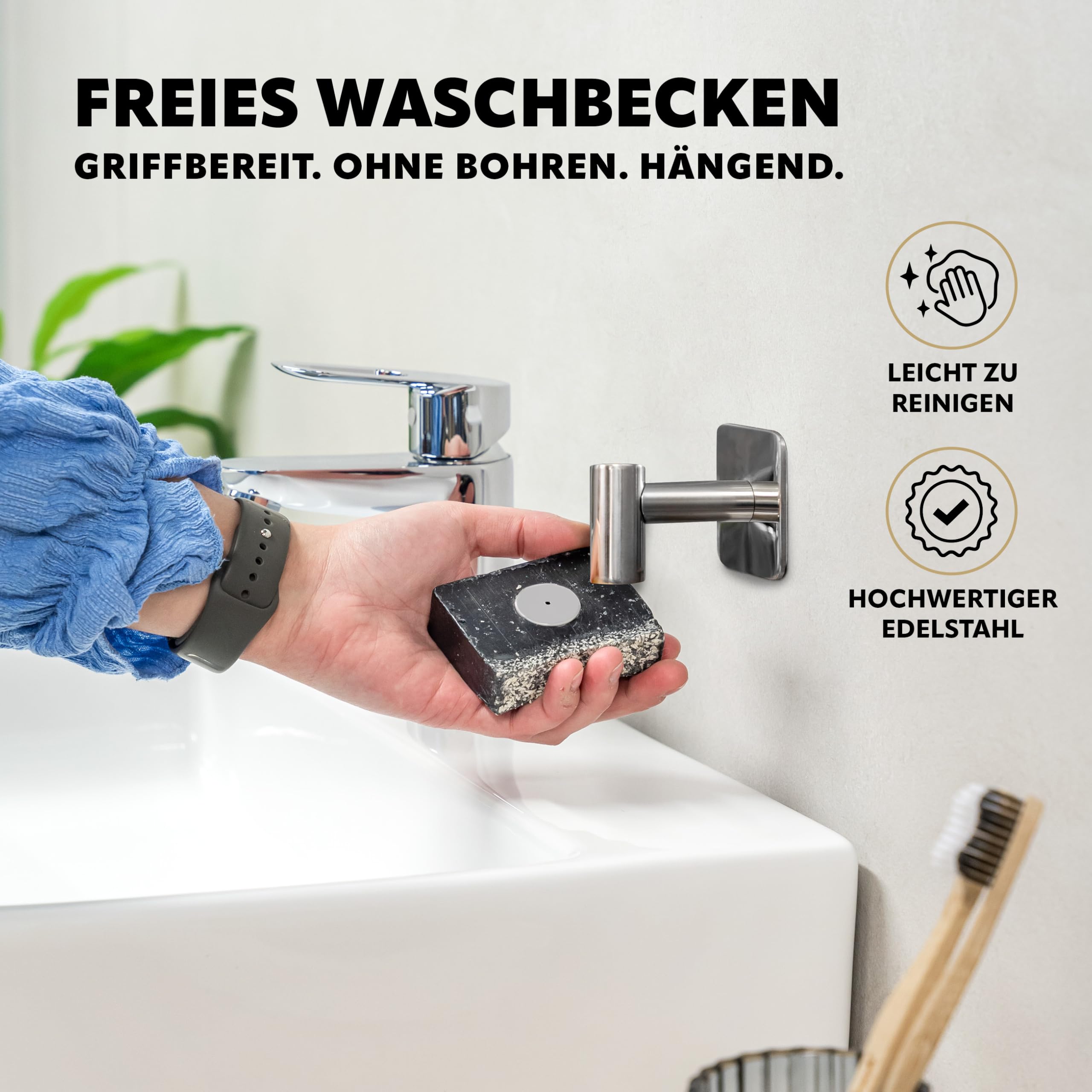 bremermann Magnet-Seifenhalter 2er Set, ideal geeignet für Feste Seifen und Shampoos - frei hängend durch Magnet - Montage durch Ankleben, aus hochglänzendem Edelstahl