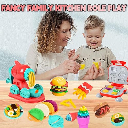 Miniatura 7 de Juego de masa, 51 piezas de creaciones de cocina con 24 piezas de masa de color, 2 en 1, para hacer hamburguesas, máquinas, herramientas y