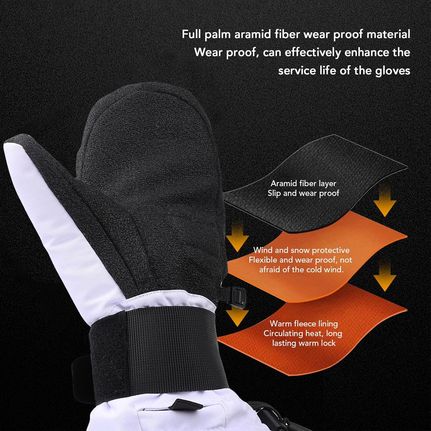 Pilipane Ski Mittens Snowboarding Mittens Cold Weather Warm Windproof Snowproof Ski Gloves for Men Women Winter Sports Black White Pair of 2