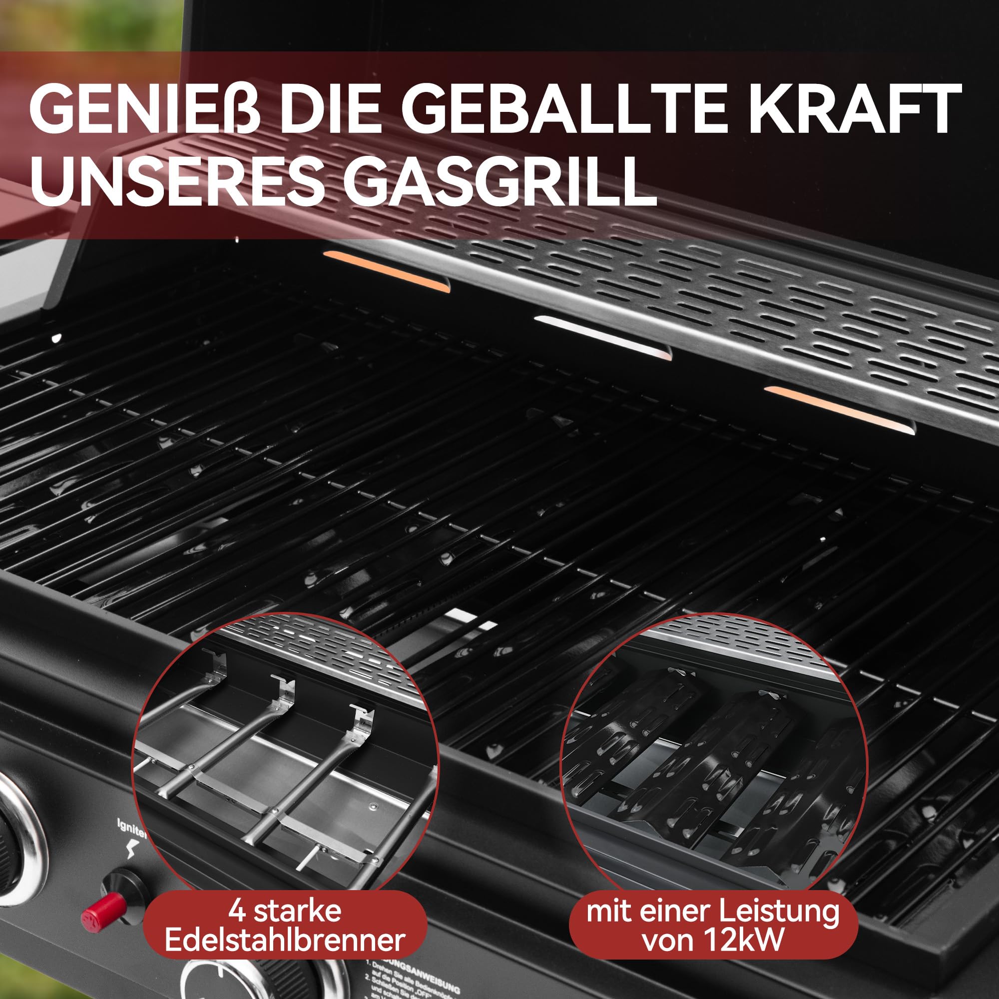 Royal Gourmet 4 Brenner Gas Grillwagen, 12 kW BBQ-Gasgrill mit Seitenablagen und Flascheregal, Campinggrill für Outdoor Garten Party Schwarz