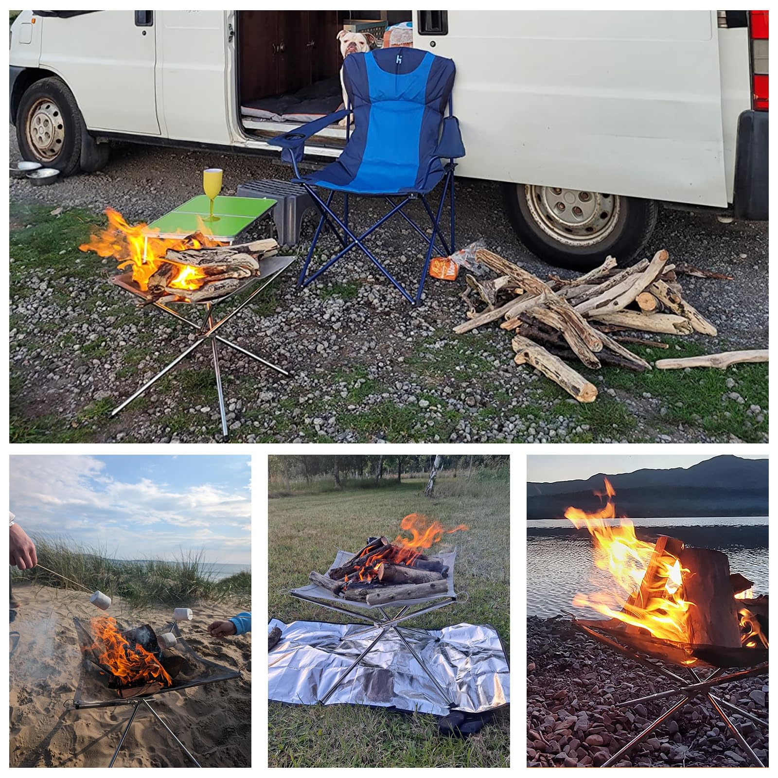 MIVIDE Tragbare Feuerstelle für den Außenbereich, 56cm/22 Zoll Große Faltbar Feuerstelle für Camping, Faltbare Edelstahlgeflecht Feuerstelle für Camping Picknick Outdoor Terrasse Garte