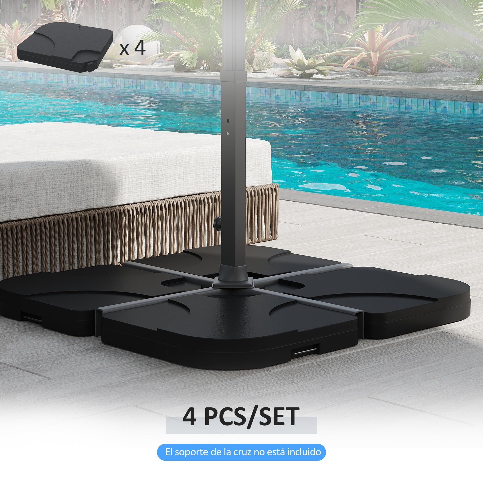 Outsunny Base para Sombrilla de 4 Piezas, Soporte para Parasol de HDPE Rellenable con Agua 15 kg o Arena 18 kg, para Jardín, Patio, Terraza, 100x100x7,5 cm, Negro