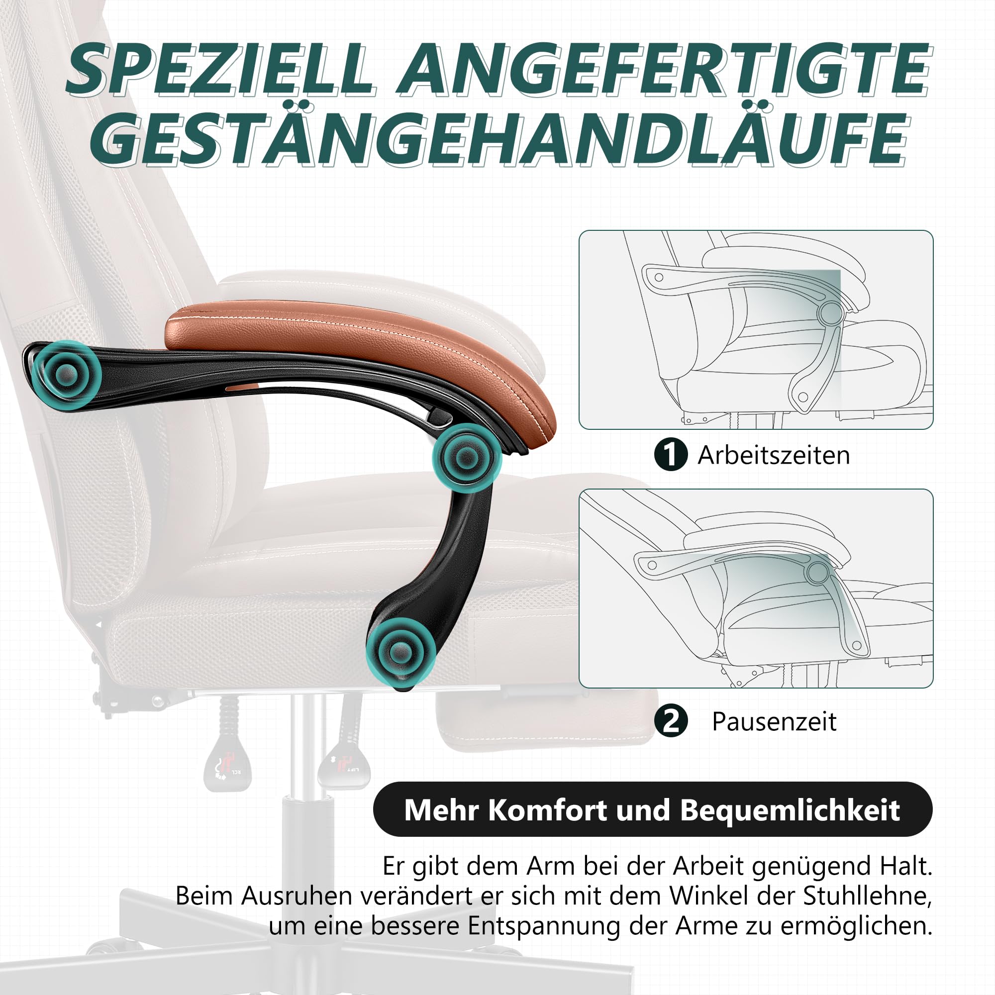 Chefsessel Breiter Bürostuhl ergonomischer Schreibtischstuhl hohe Rückenlehne 150KG mit Fußstütze Office Chair aus PU-Leder, Braun