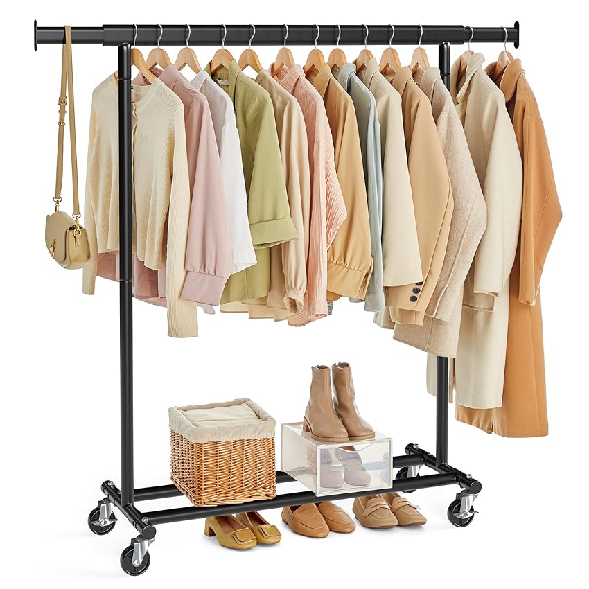 SONGMICS Stand Appendiabiti con Ruote, Attaccapanni Estensibile per Carichi Pesanti, Portata Totale 100 kg, 45 x (92-132) x 161,5 cm, Facile da Montare e Spostare, Nero HSR13BKV1