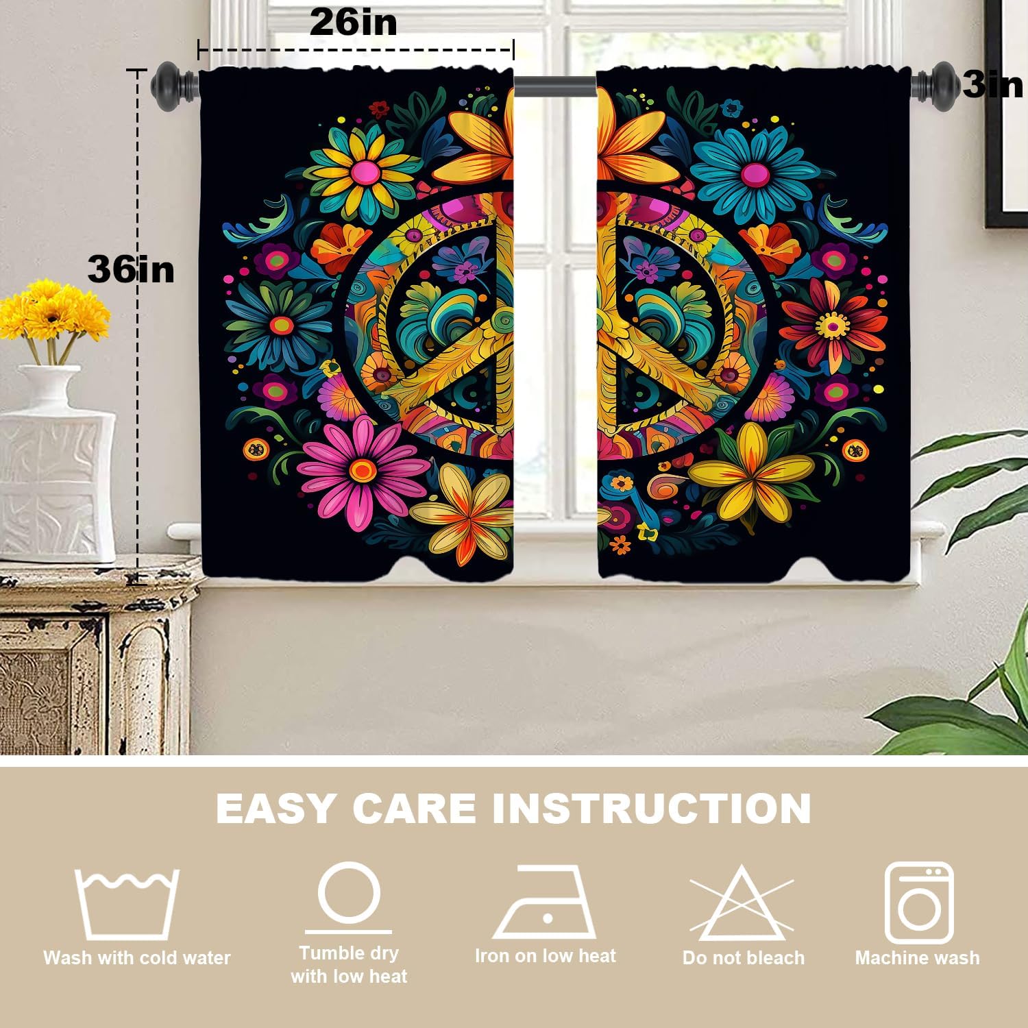 Peace Symbol Floral Design Kitchen Tier Curtains for Windows, Colorful Peace Artwork Blackout Valances Multilayer Polyester Window Treatments for Kitchen 2 Pack 36X26 Inches