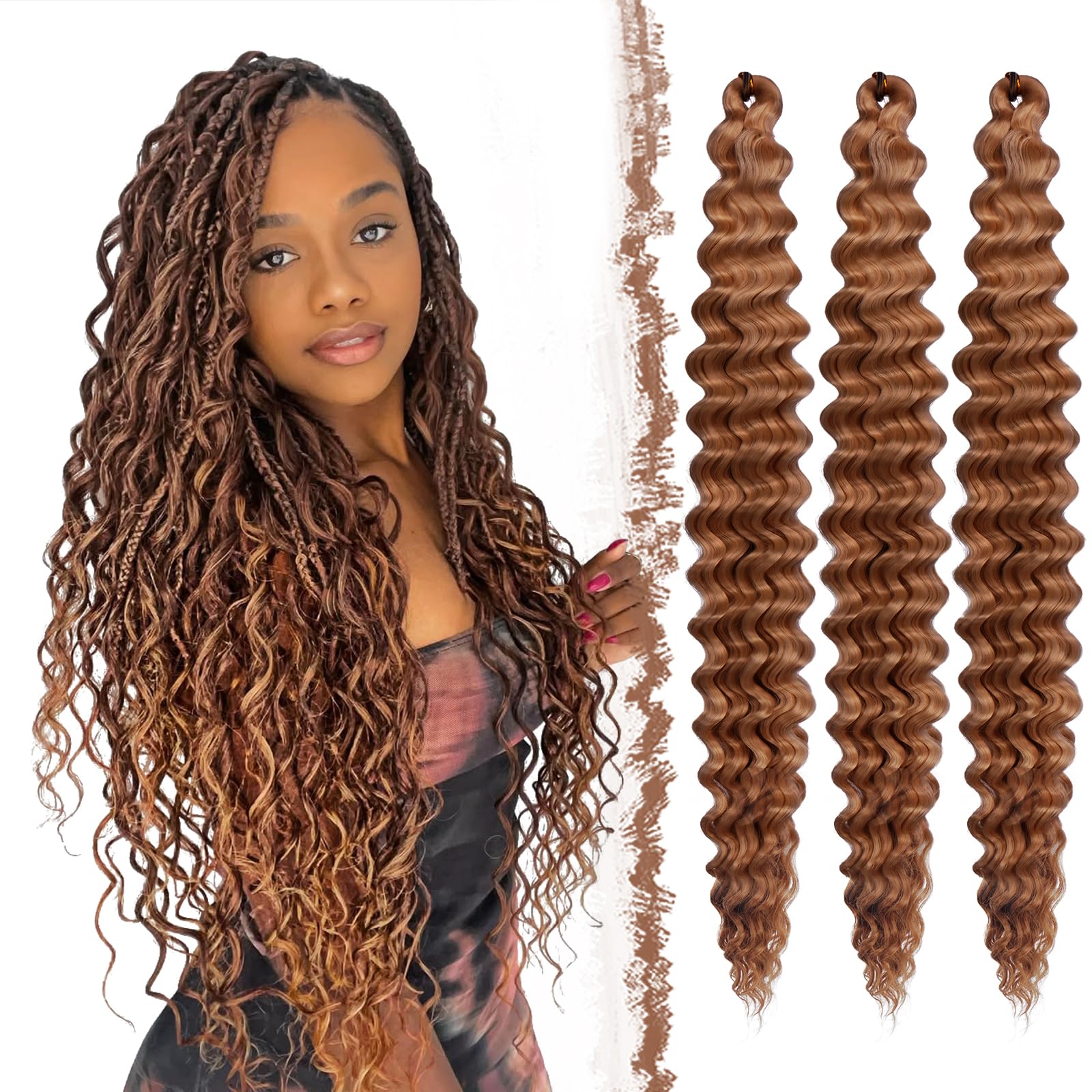 FESHFEN Crochet Braids Extensions de Cheveux - 3 Packs Deep Twist Ocean Wave Braiding Extension Synthétique Meches pour Tresses Africaine Bouclés pour Femmes, 55 cm Auburn
