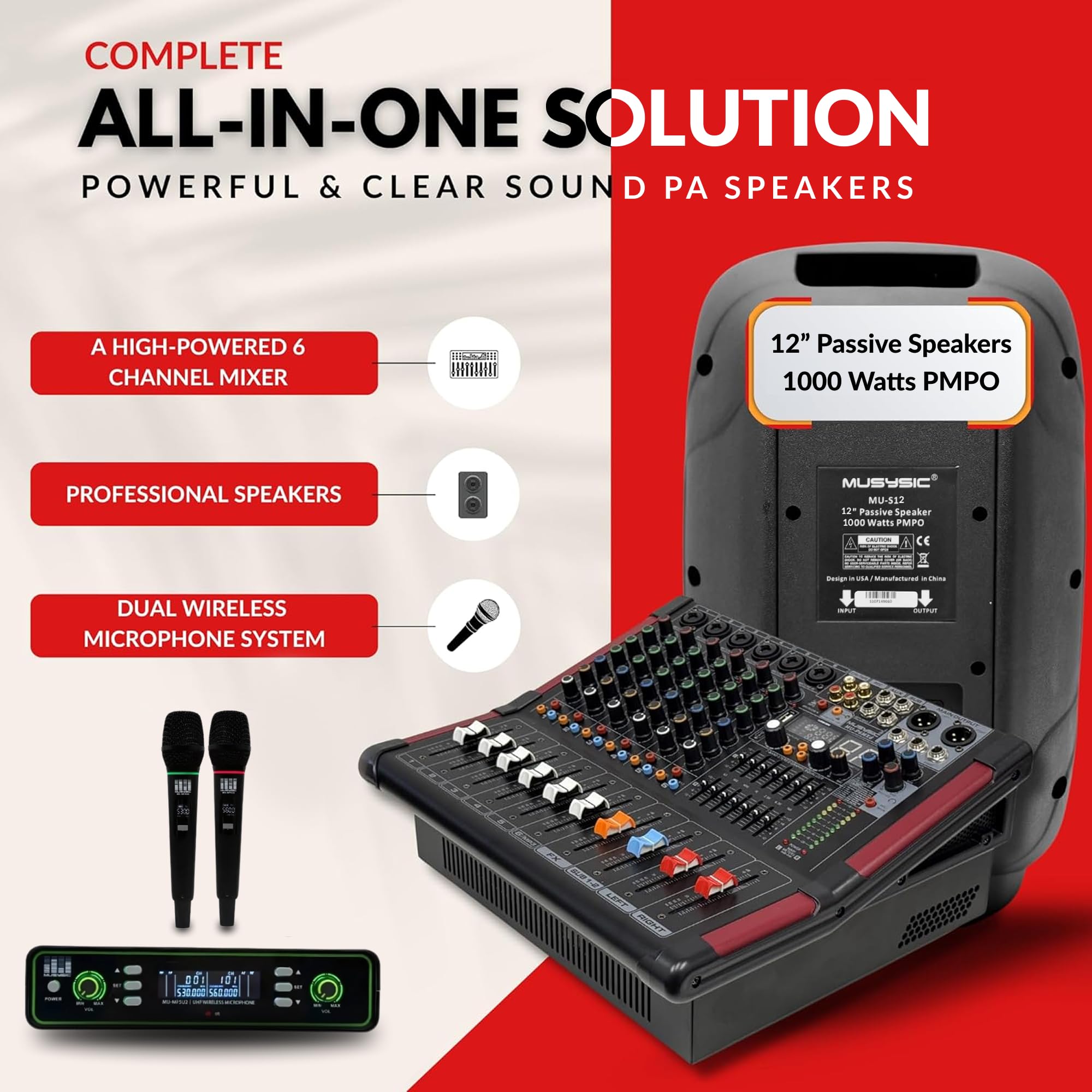 MUSYSIC Portable PA System with Wireless Microphone and Speakers – 6 Ch Audio Mixer with Built-in 2000W Amp & Wireless UHF Microphone System, Multiple Inputs, Complete w/Stands - 12" Speaker 1000W