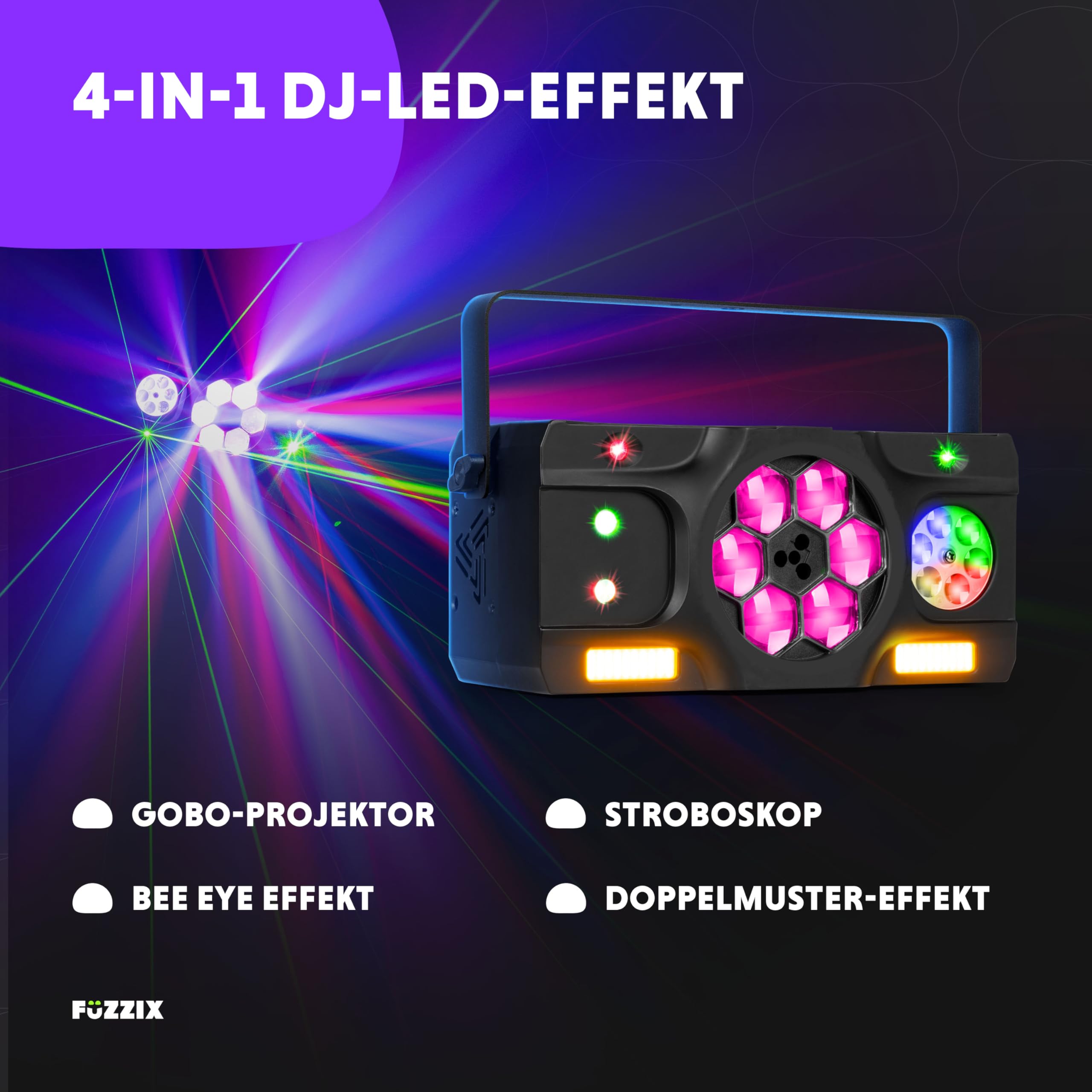 Fuzzix Stellar2 LED Discolicht Partylicht | 5-in-1 Lichtorgel Musikgesteuert LED mit RGBW Gobos, Bee-Eye Effekt & Doppel-Stroboskop | Disco Licht mit DMX Steuerung, Fernbedienung & Montagebügel