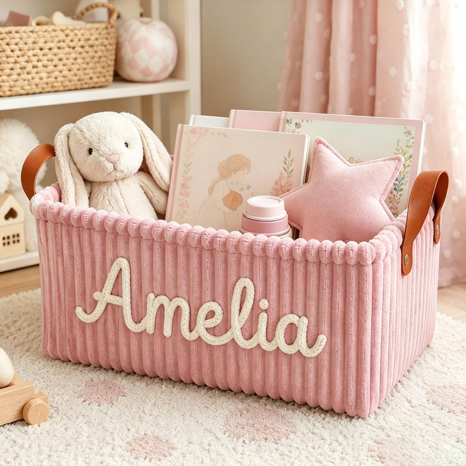 Art Lunic One Color Corduroy Personalized Nursery Bin Custom Name Baby Storage Basket Organizer