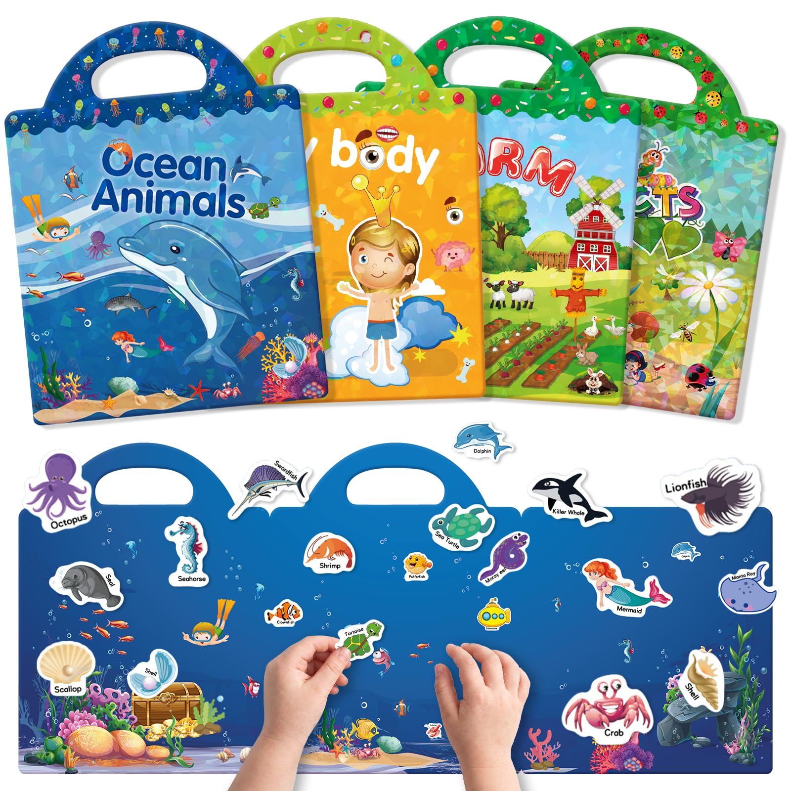 GUYUCOM 4 Pezzi Stickers Book: Libro Adesivi Attacca e Stacca Bambini 2 3 4 5 6 Anni Animali Marini, Parte del Corpo, Insetto, Giocattolo per Bambini, Regalo Educativo Compleanno Riutilizzabile
