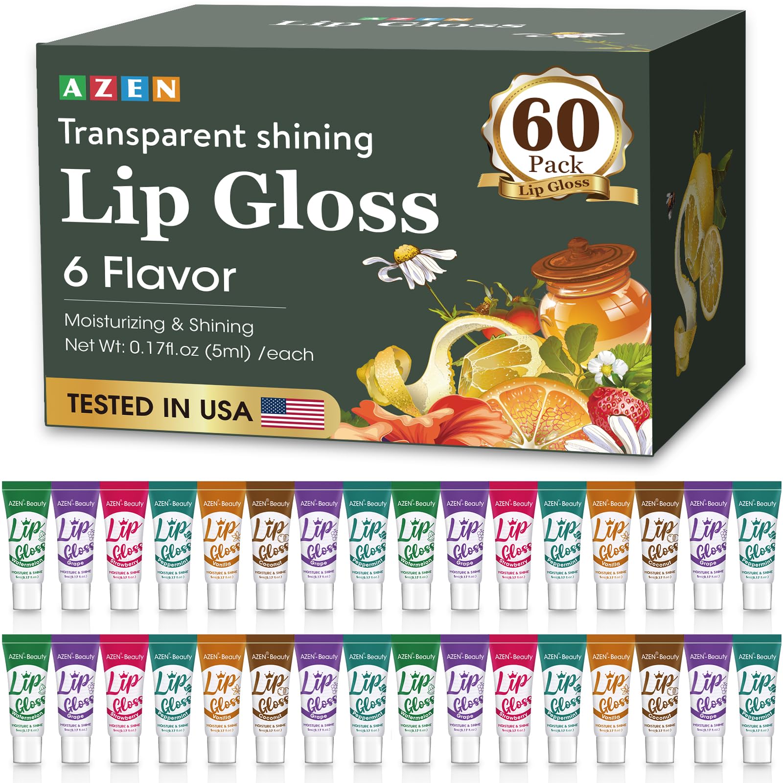 AZEN 60 Pack Lip Gloss Set, Clear Lip Gloss Bulk, Lip Oil for Dry Cracked Lips Moisturizing Hydrating Nourishing with Vitamin E B-60