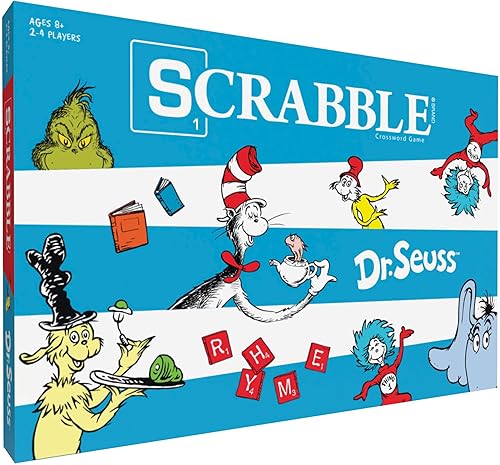 Scrabble Dr. Seuss - Juego de mesa oficial de Scrabble con un toque de rima, cartas personalizadas de Dr. Seuss y tablero temático de Scrabble,