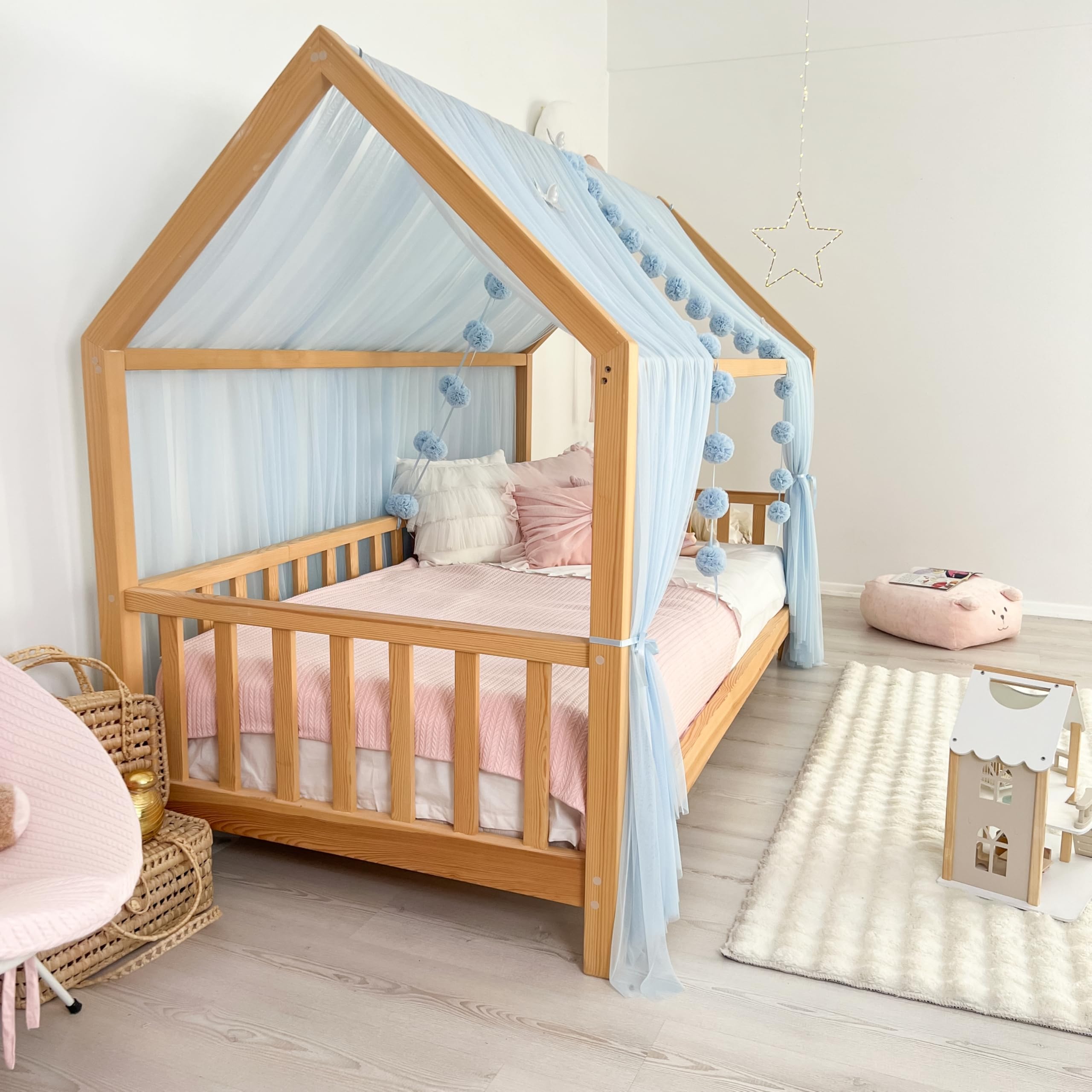 Tenda a baldacchino per letto della cameretta dei bambini, decorazione per letto montessori, tenda da gioco in morbido tulle per bambini (blu, 340 cm, set da 4)