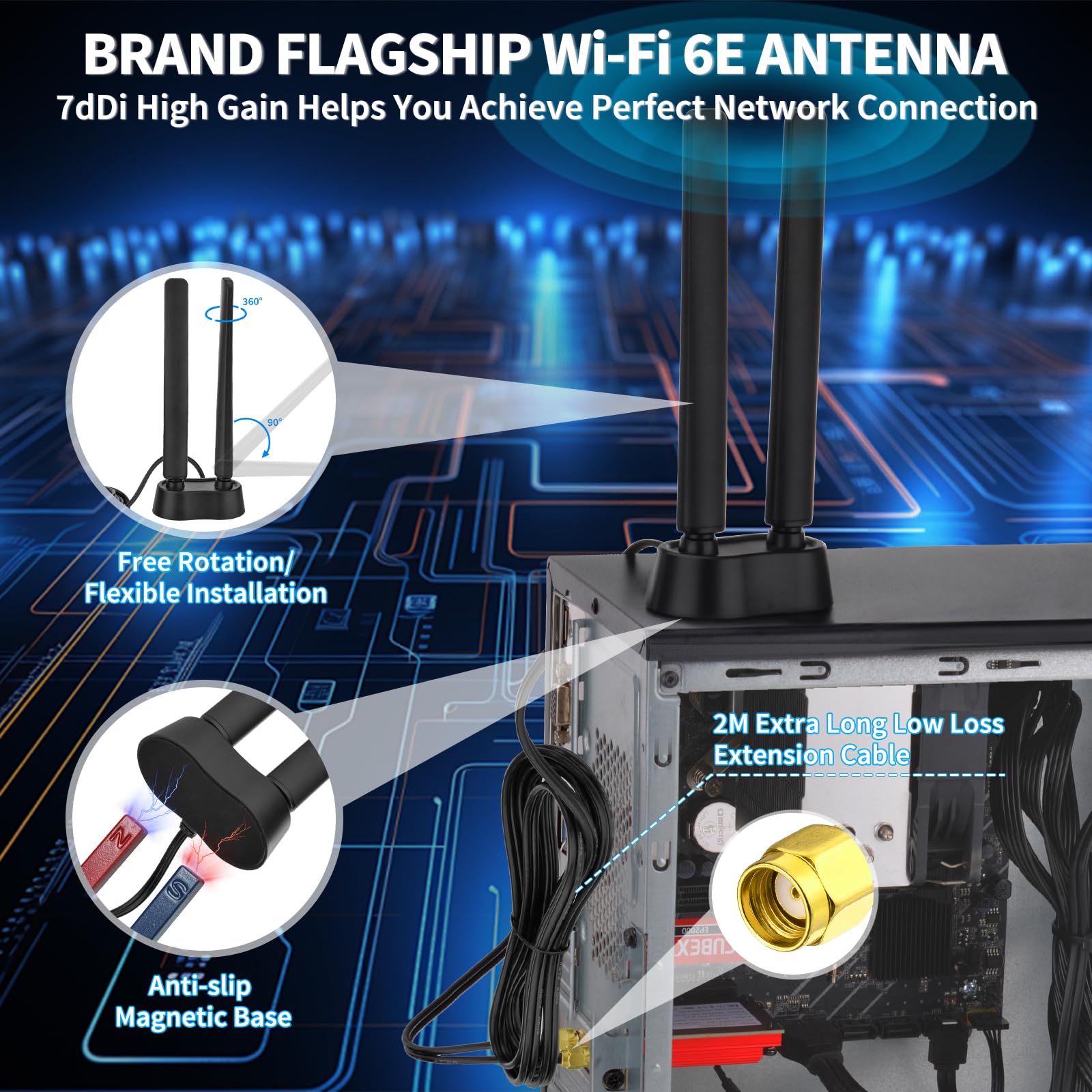 Eightwood Antenna WiFi 6E 2,4 GHz 5 GHz 6 GHz Antenna WLAN RP-SMA Tri-Band + adattatore SMA base magnetica con cavo di prolunga da 2 m per PC Bluetooth scheda madre WLAN Eightwood Antenna WiFi 6E 2,4 GHz 5 GHz 6 GHz Antenna WLAN RP-SMA Tri-Band + adattatore SMA base magnetica con cavo di prolunga da 2 m per PC Bluetooth scheda madre WLAN
