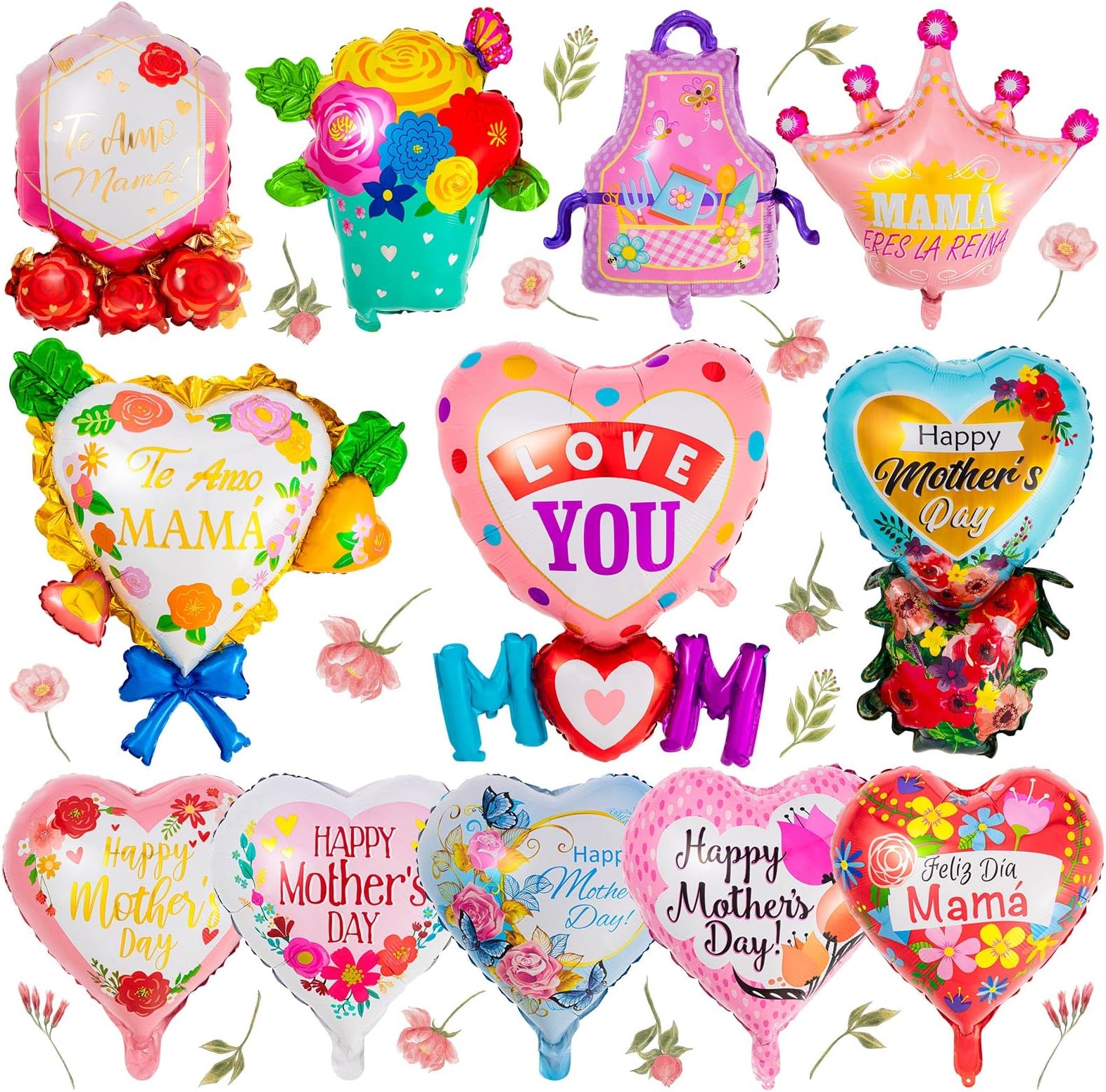 ZHWKMYP12 Pcs Mothers Day Balloons, Happy Feliz Dia Mama Foil Balloons, Mother's Day Heart Mylar Balloons for Best Mom Ever Mom Party Birthday Decorations Supplies