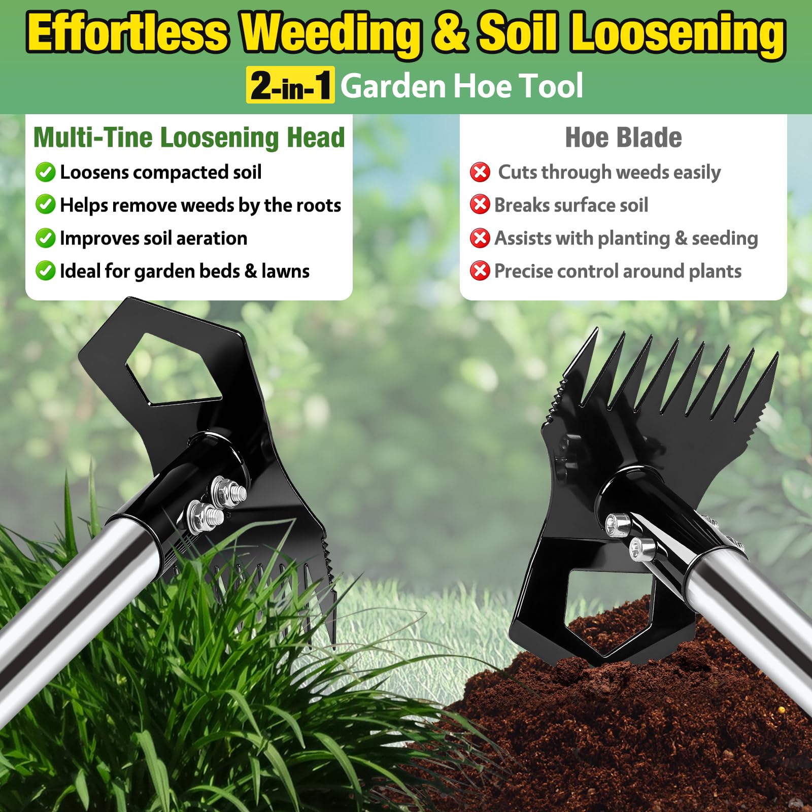 Weed Puller Tool with Long Handle, 2 in 1 Garden Hoe & Weeding Rake, Heavy Duty Weed Remover for Garden, Lawn & Flower Beds — view 2