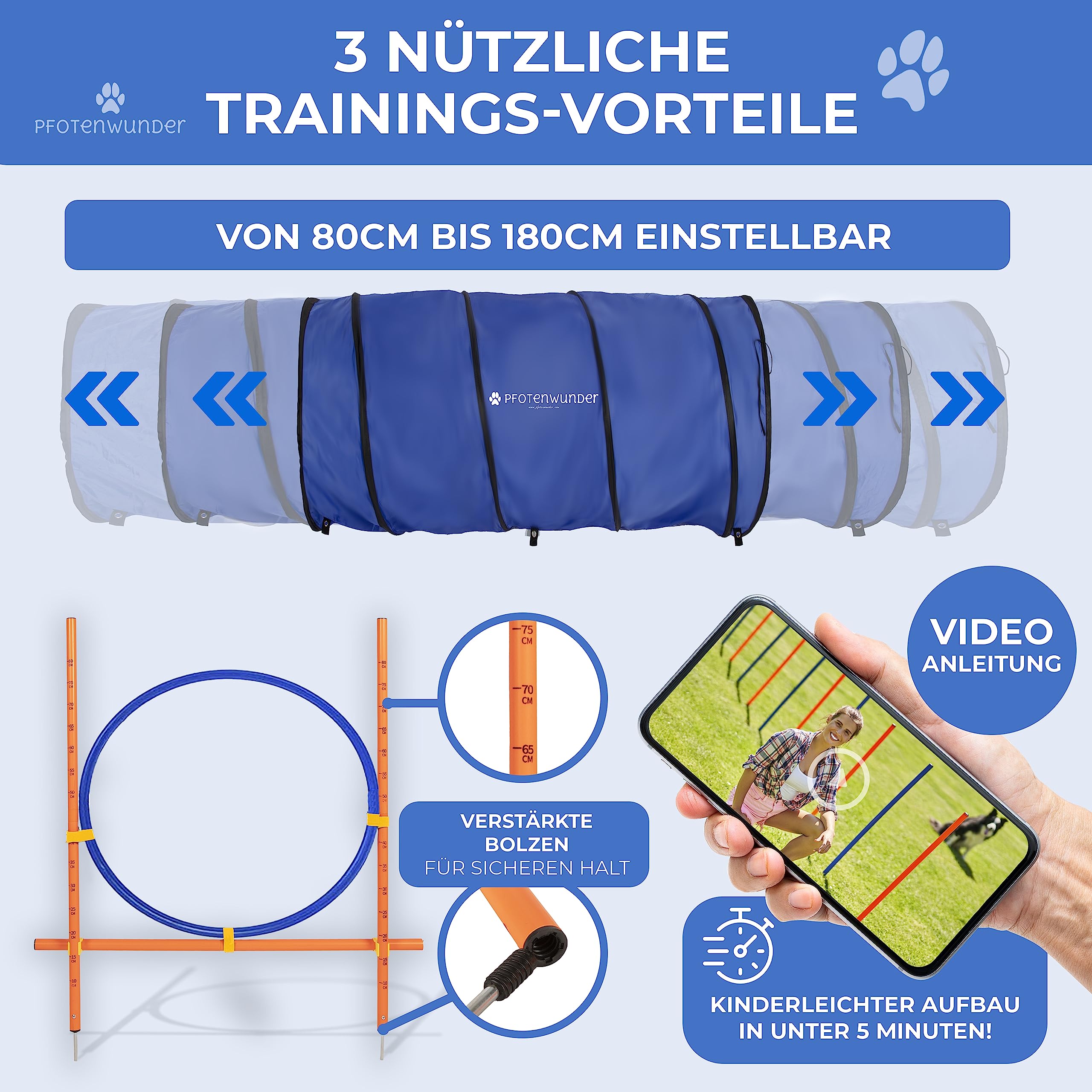 PfotenWunder® "9-in-1 - Agility Set Hunde groß + 21 Min. HUNDESCHULE - 6 Slalomstangen, 1 Tunnel, für kleine & große Hunde, Training Sport Spielzeug Cavaletti Parcour Steckhürdenset Zubehör Hürden