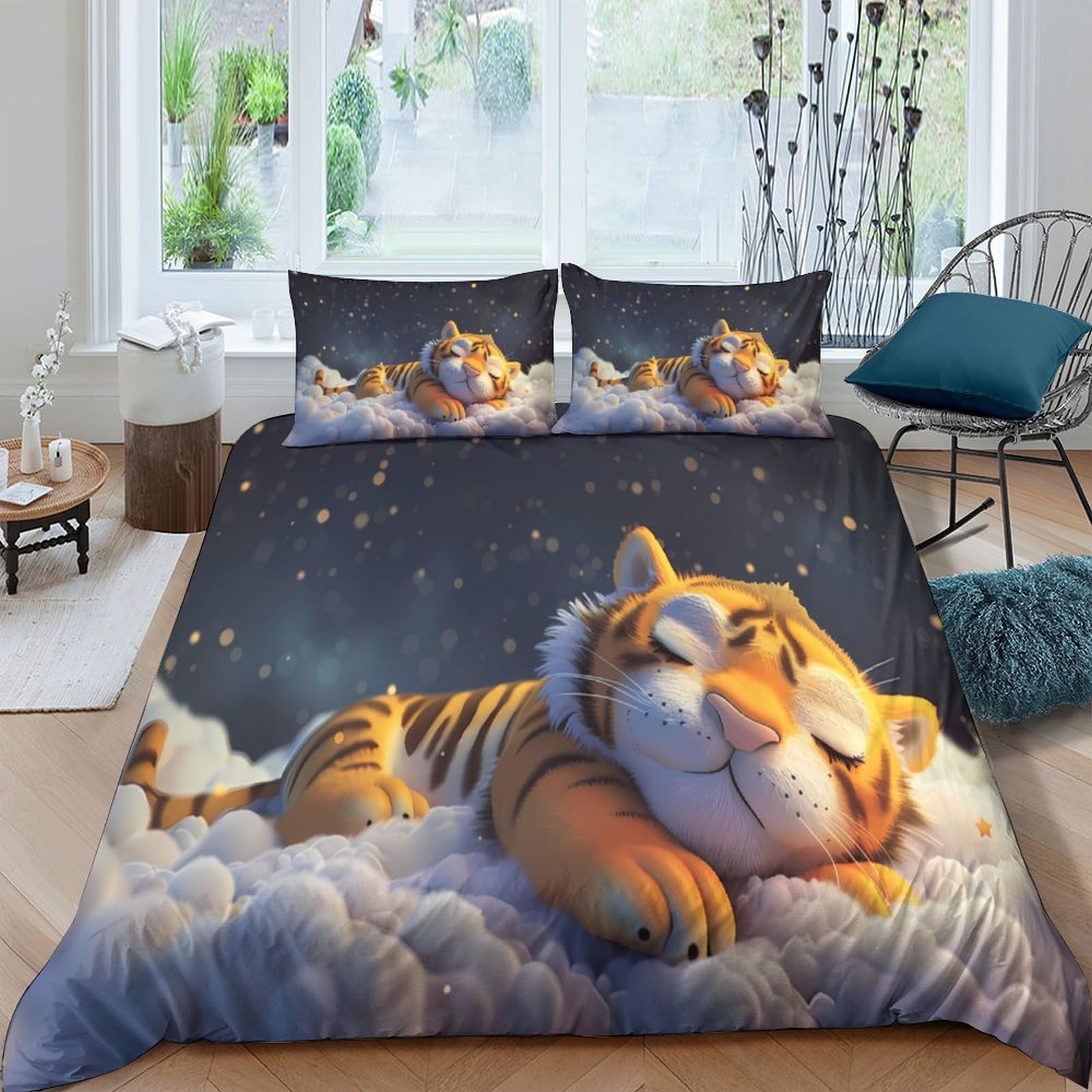 GPLZQXKJNH 3D Printed Sleeping Tiger Duvet Cover Microfiber Soft Breathable Cloud Night Bedding Set with 2 Pillowcases for Bedroom Decor Single（135x200cm）