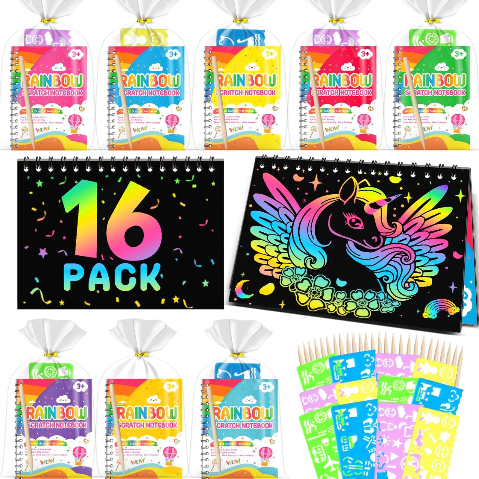 Scratch Art Bambini - Gadget Compleanno Bambini, 16 Set con Quaderno da Grattare, Stencil e Penne in Legno, Regalini Fine Festa Compleanno, Lavoretti Creativi per 3-12 Anni